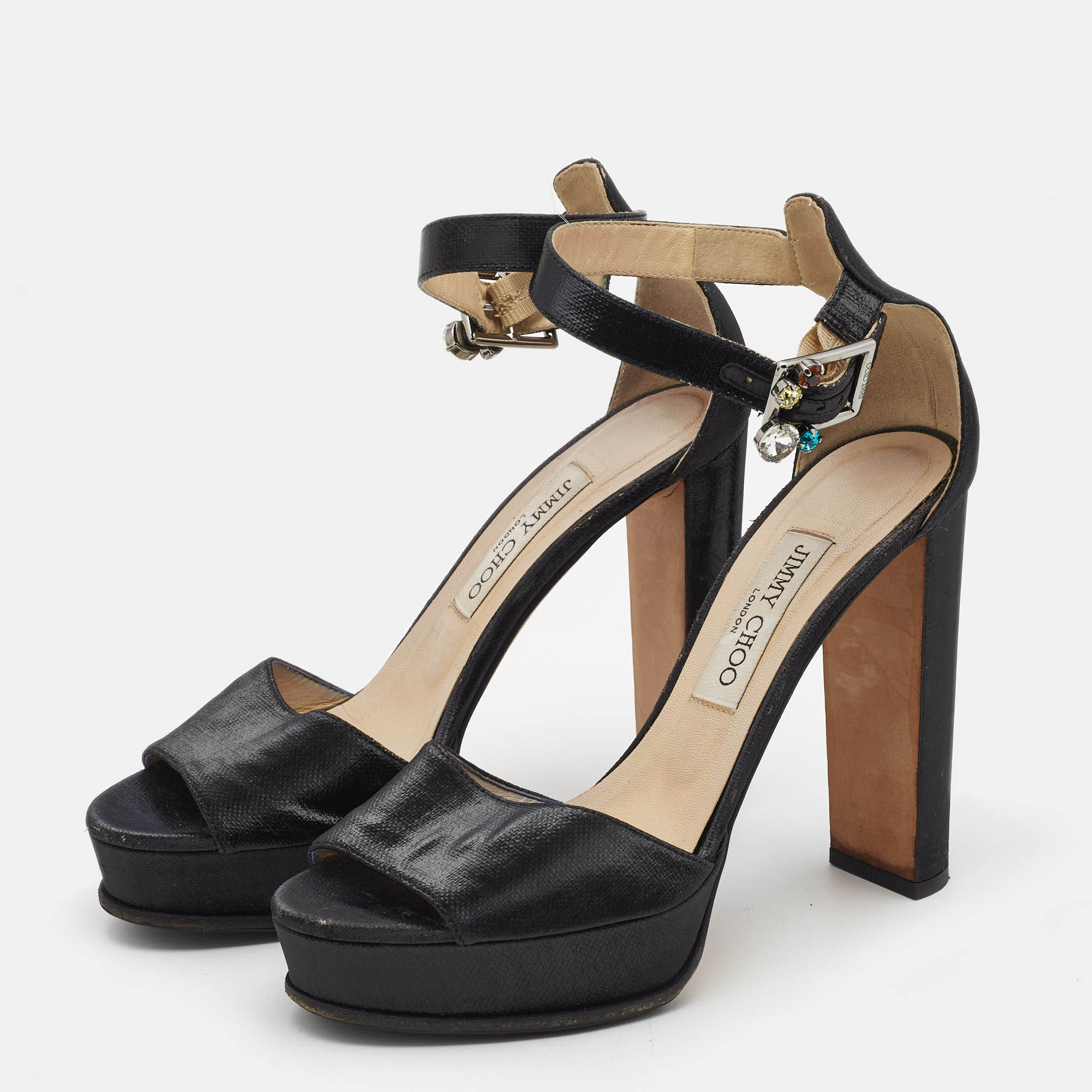 

Jimmy Choo Black Canvas Platform Ankle Strap Sandals Size