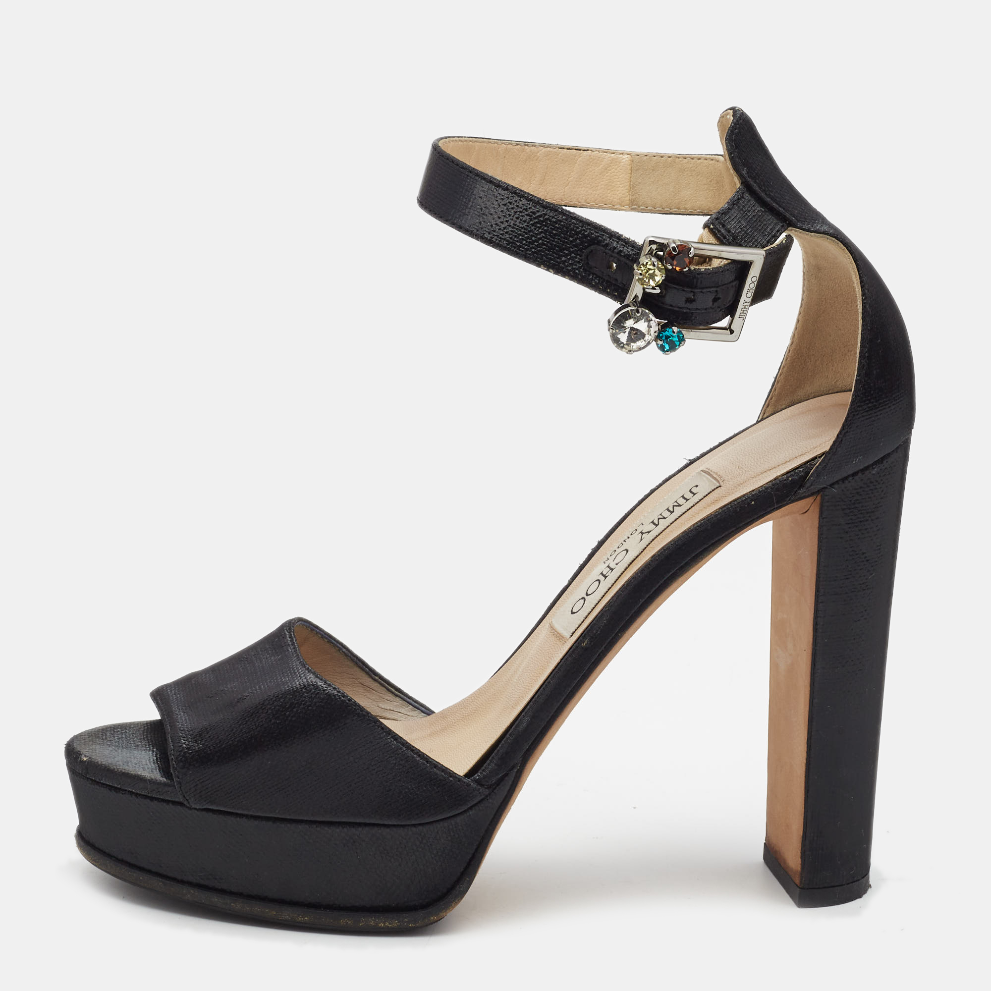 Pre-owned Jimmy Choo Black Canvas Platform Ankle Strap Sandals Size 39