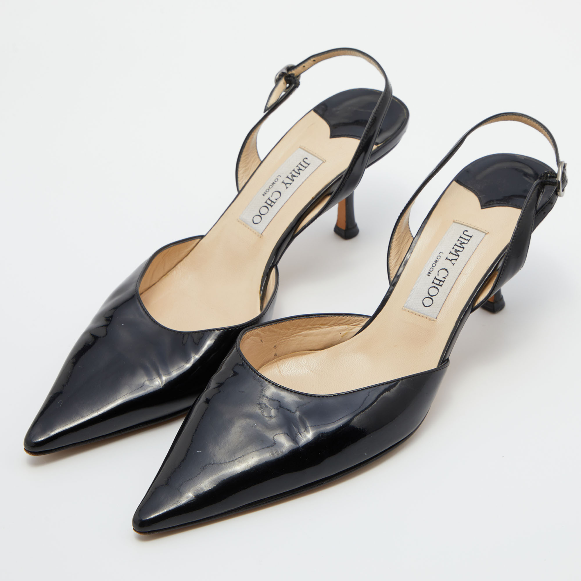 

Jimmy Choo Black Patent Leather Slingback Sandals Size
