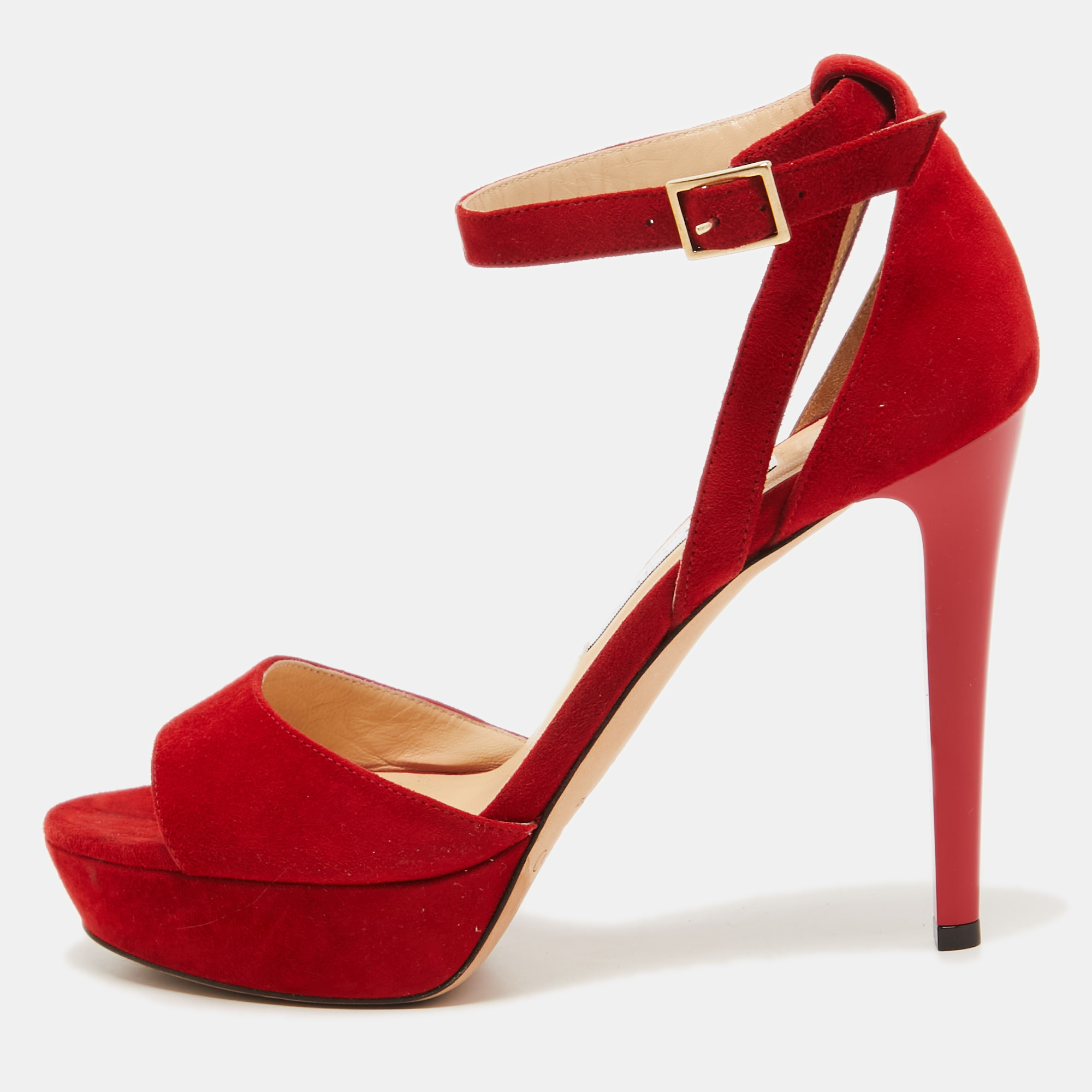 Pre-owned Jimmy Choo Red Suede Platform Ankle Strap Sandals Size 38