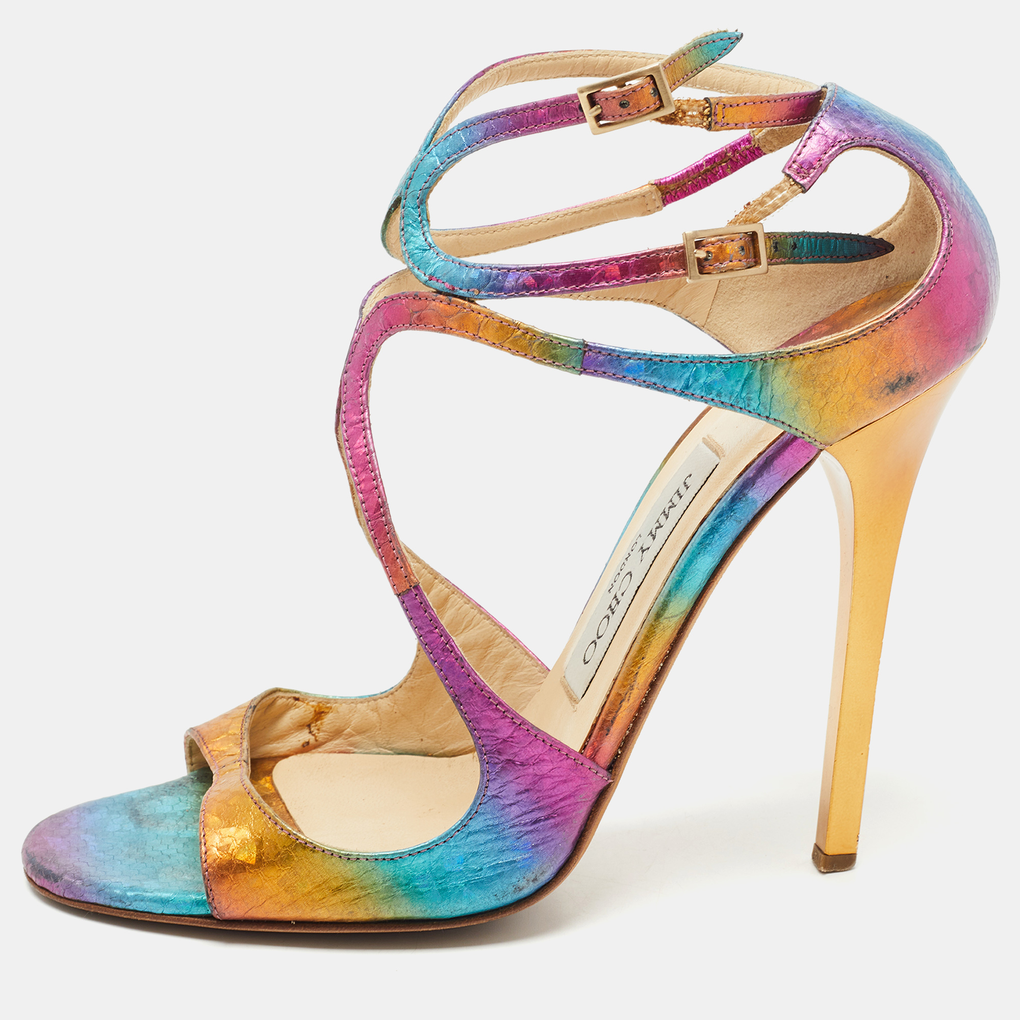 

Jimmy Choo Multicolor Python Embossed Leather Lance Sandals Size