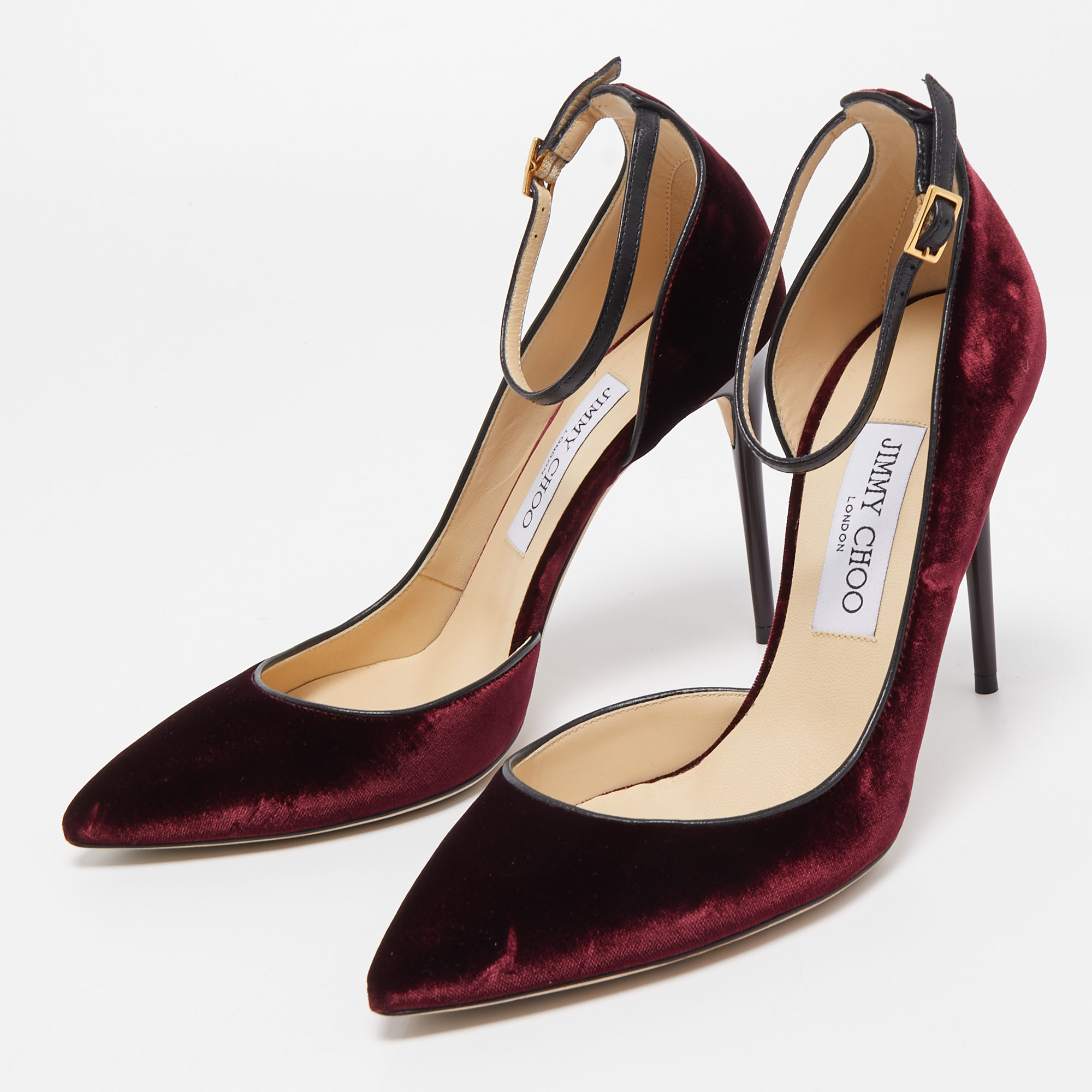 

Jimmy Choo Burgundy Leather and Velvet Ankle D'orsay Pumps Size