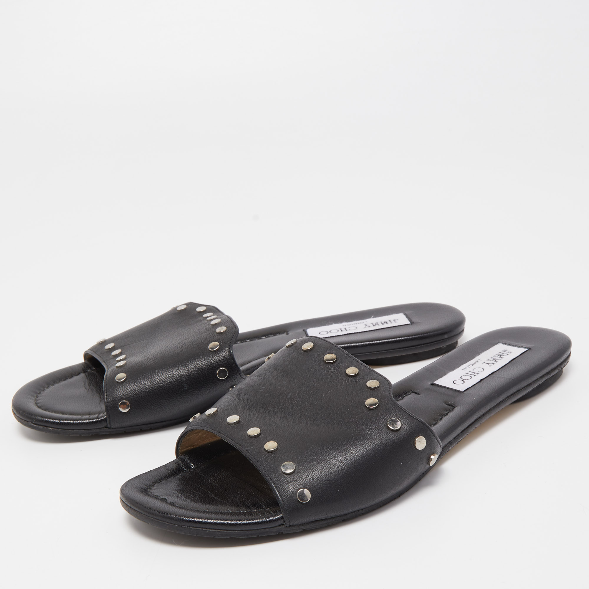 

Jimmy Choo Black Leather Studded Nanda Flat Slides Size
