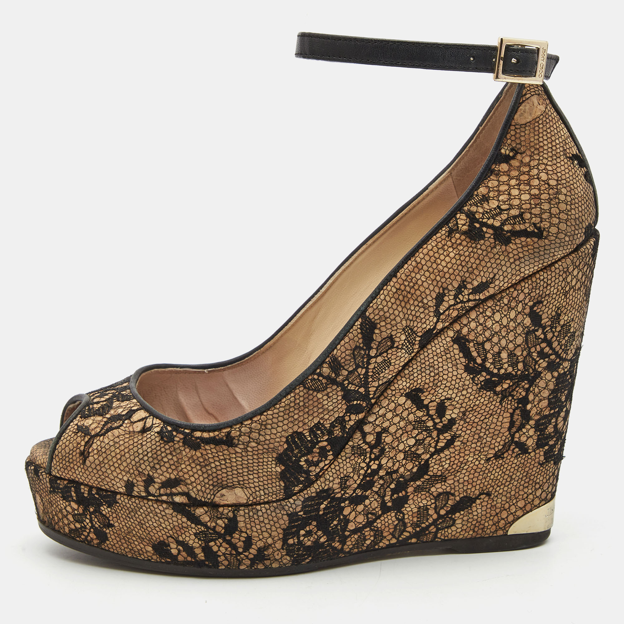 

Jimmy Choo Brown/Black Cork and Lace Wedge Ankle Strap Pumps Size, Beige