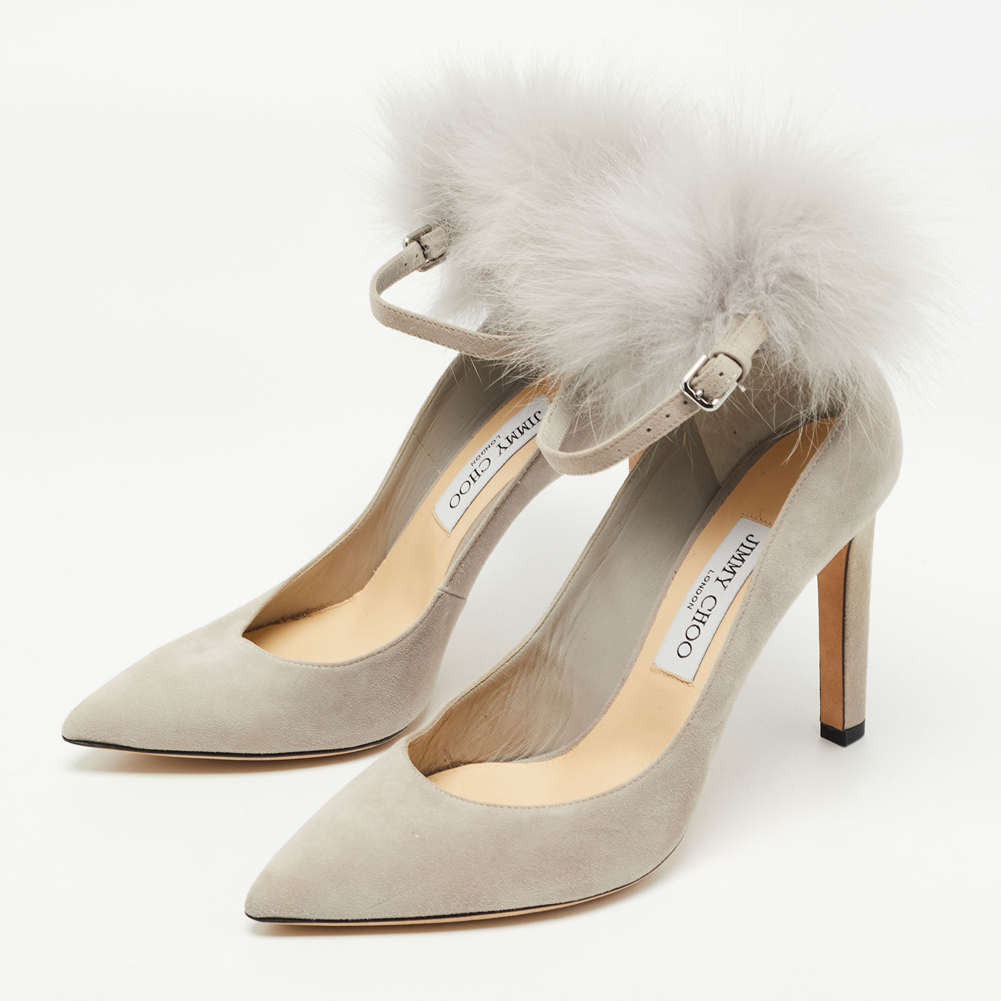 

Jimmy Choo Grey Leather And Fur South Pom Pom Pointed Toe Pumps Size