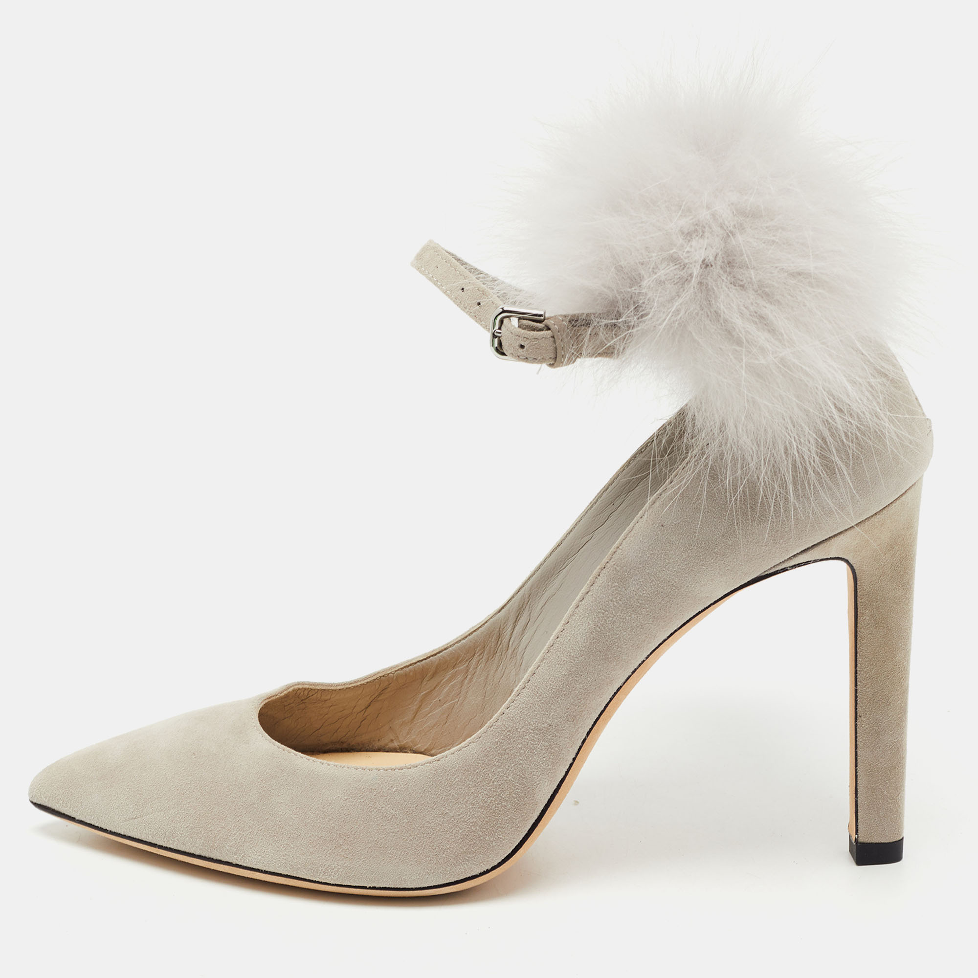 Pre-owned Jimmy Choo Grey Leather And Fur South Pom Pom Pointed Toe ...