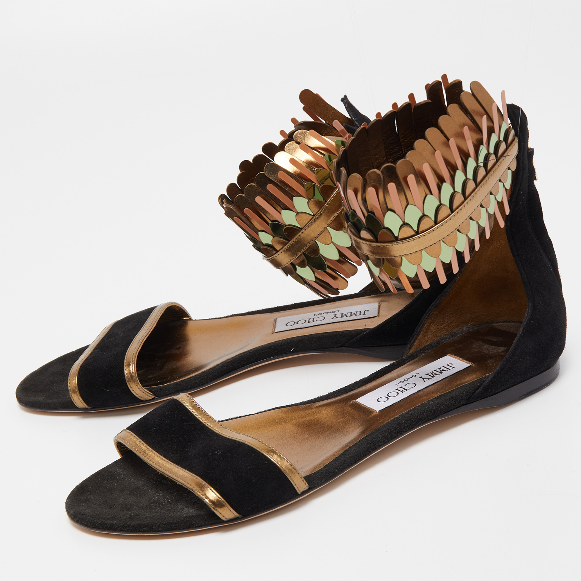 

Jimmy Choo Black/Gold Suede and Leather Ankle Strap Flats Size