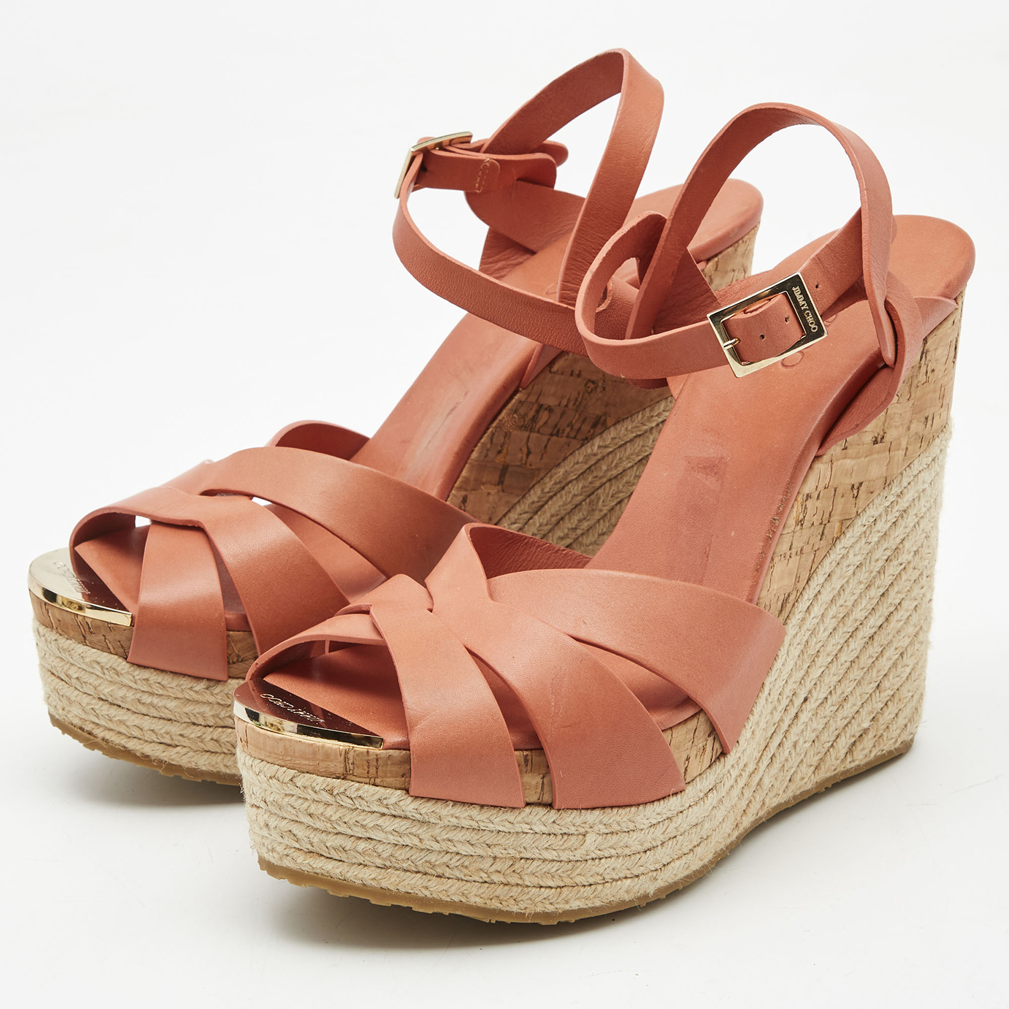 

Jimmy Choo Orange Leather Wedge Ankle Strap Sandals Size