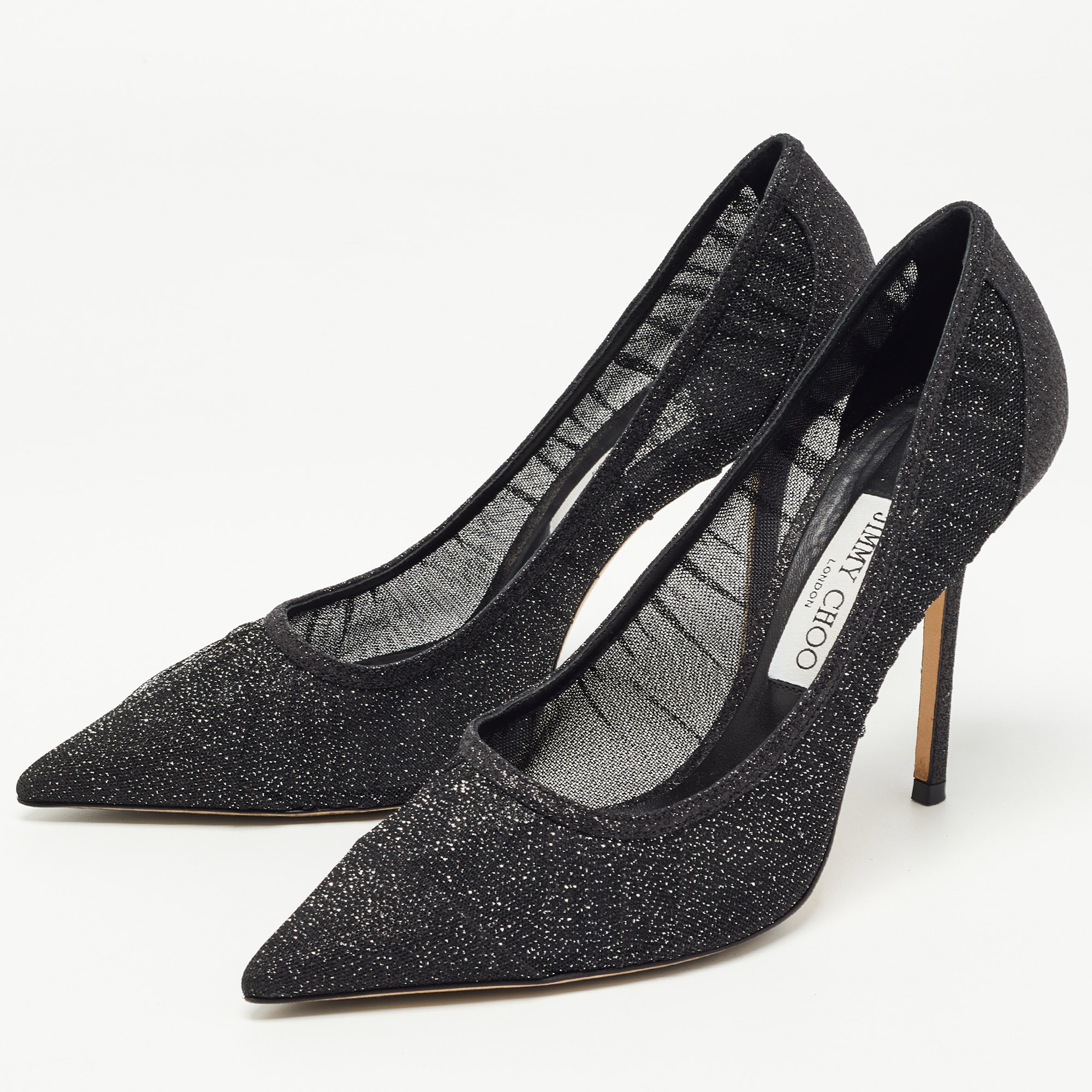 

Jimmy Choo Black Glitter Mesh Love Pumps Size