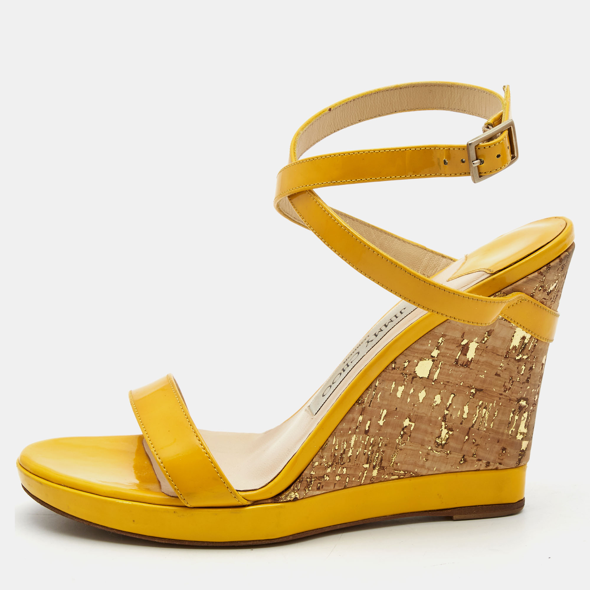 Pre-owned Jimmy Choo Yellow Patent Leather Cork Wedge Sandals Size 36 In Orange