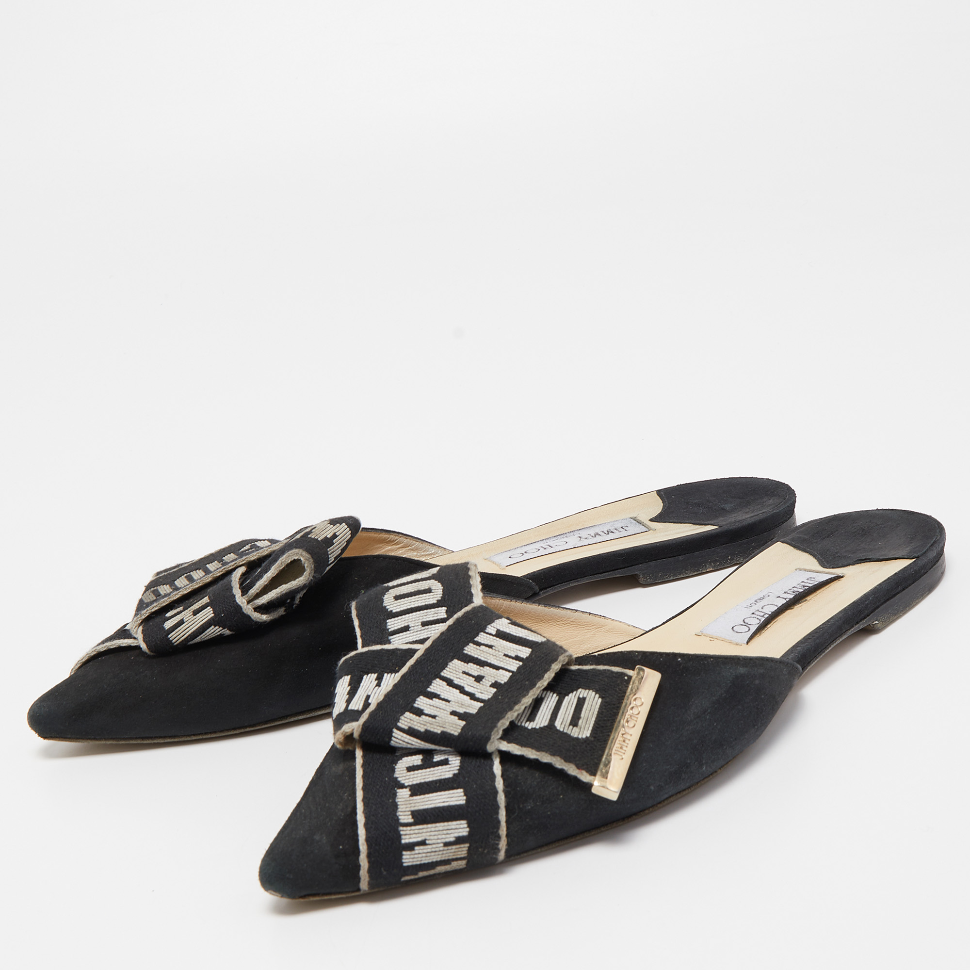 

Jimmy Choo Black Suede and Logo Canvas Gretchen Flat Mules Size