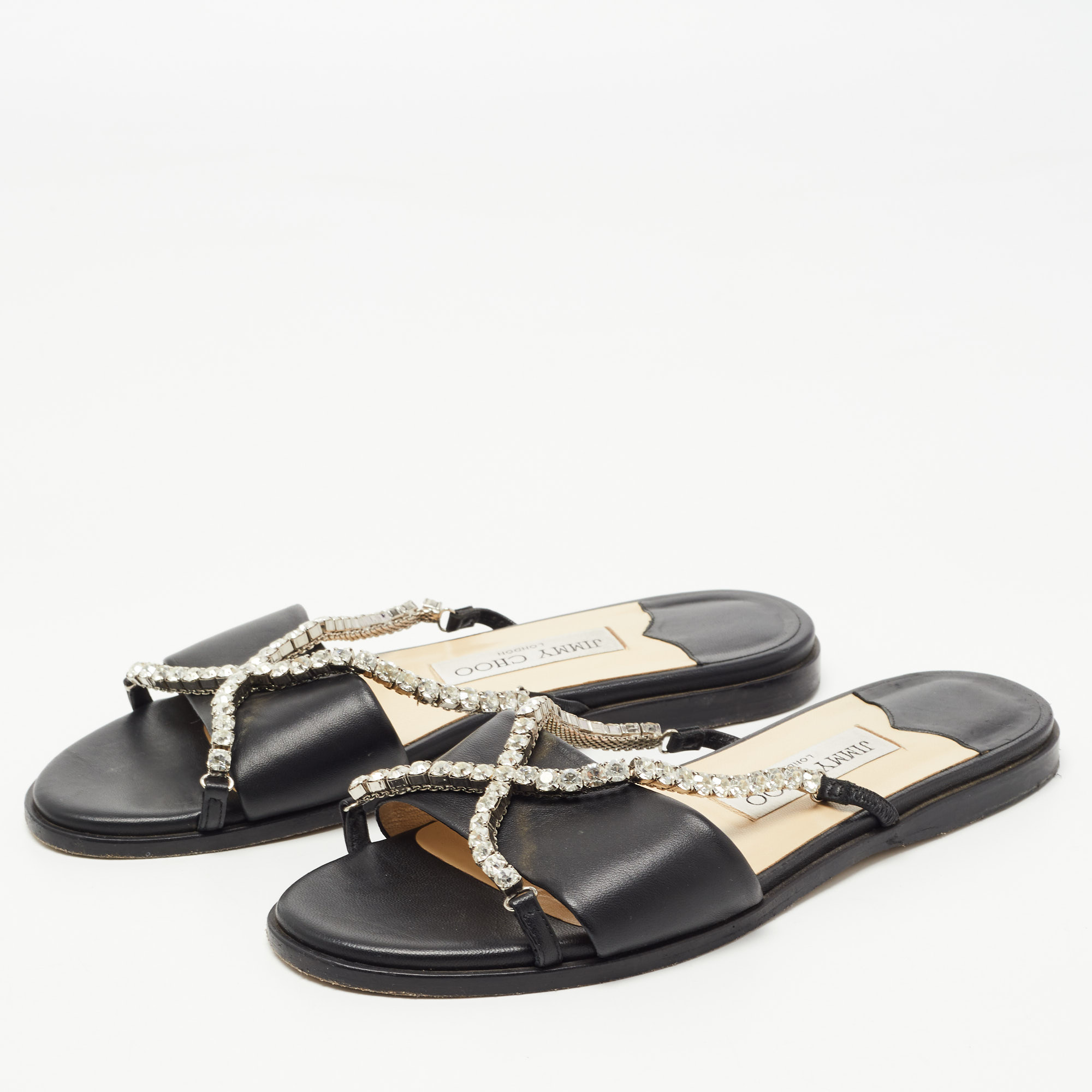 

Jimmy Choo Black Leather Aadi Flat Slides Size