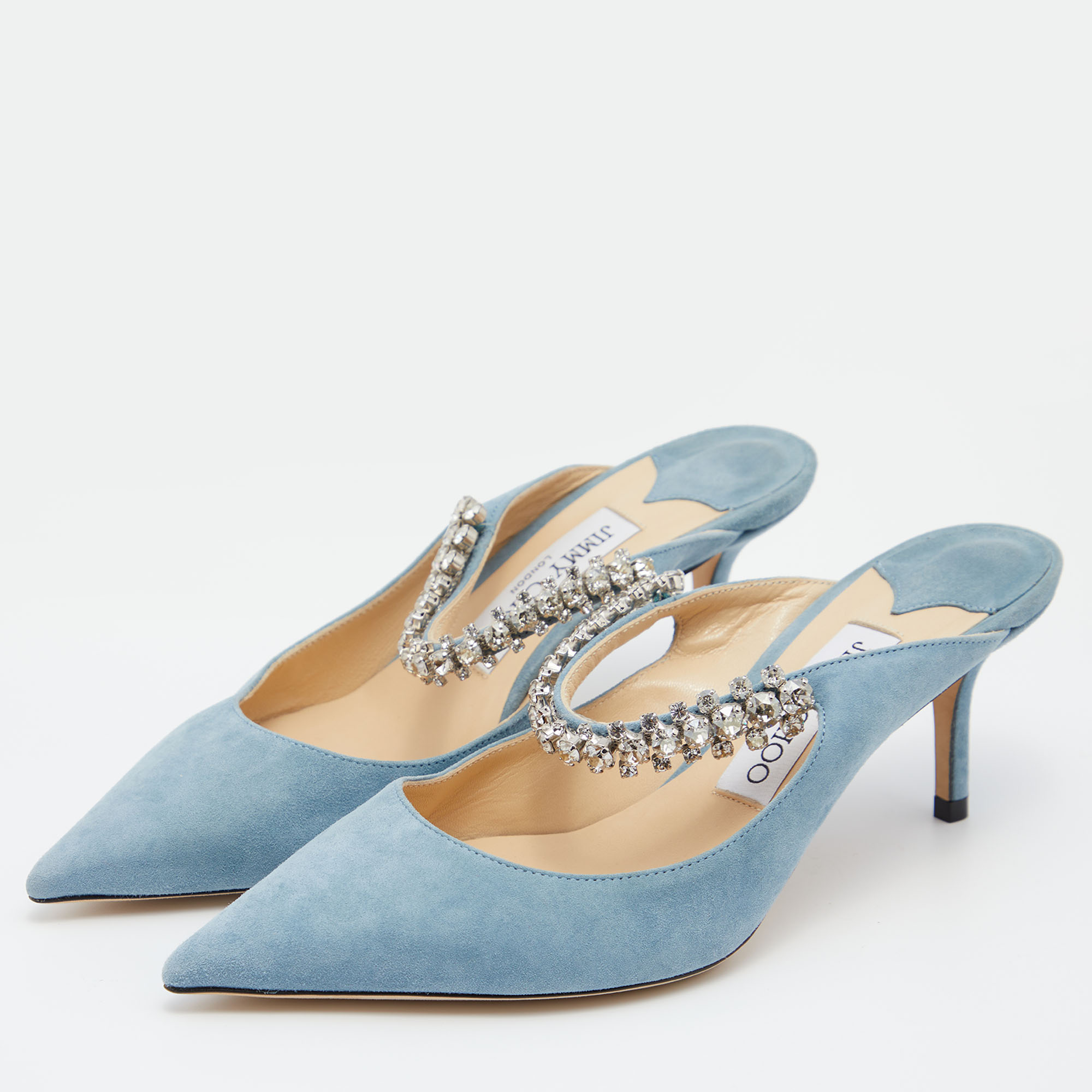 

Jimmy Choo Blue Suede Bing Crystal Embellished Pointed Toe Mules Size