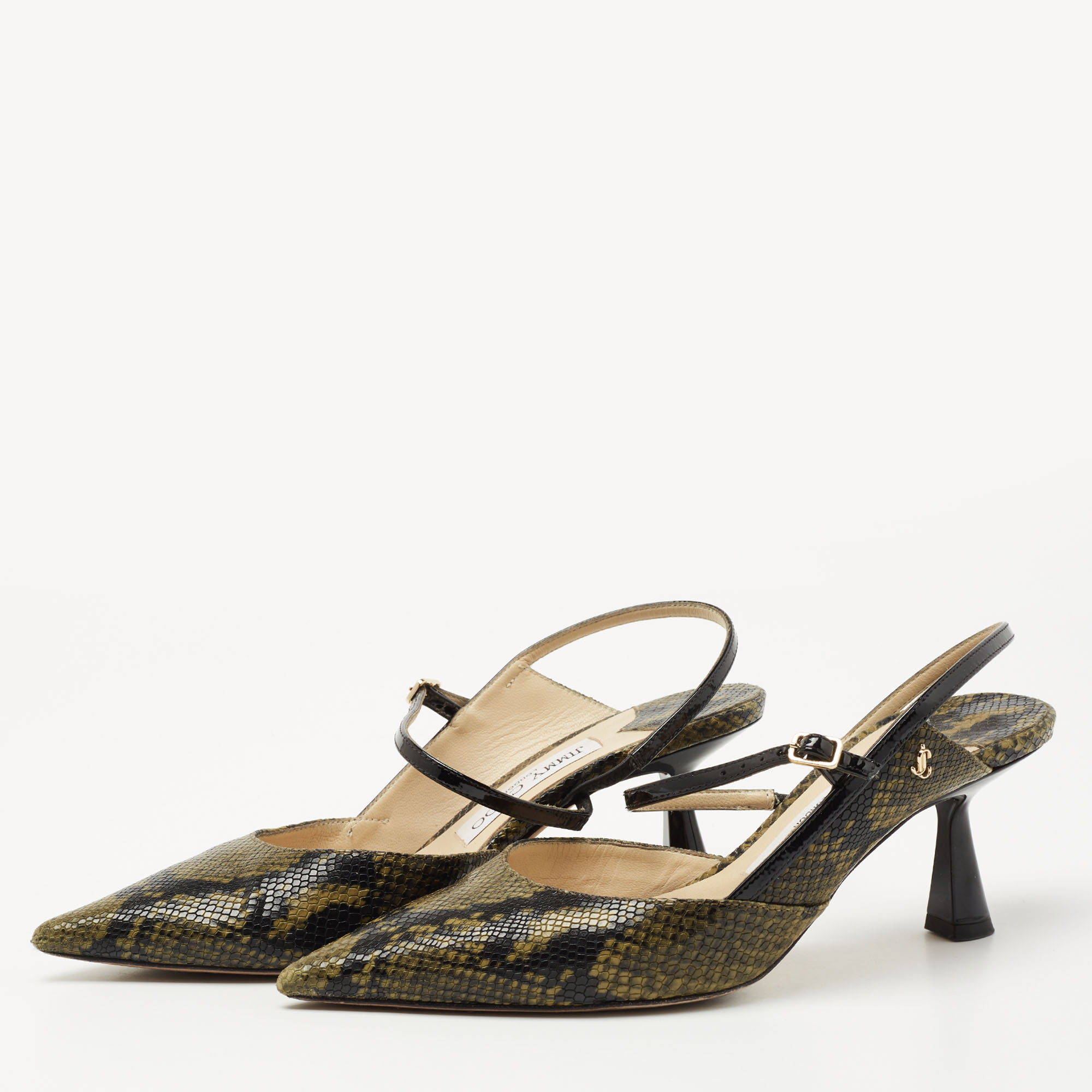 

Jimmy Choo Green/Black Python Embossed Leather Slingback Pumps Size