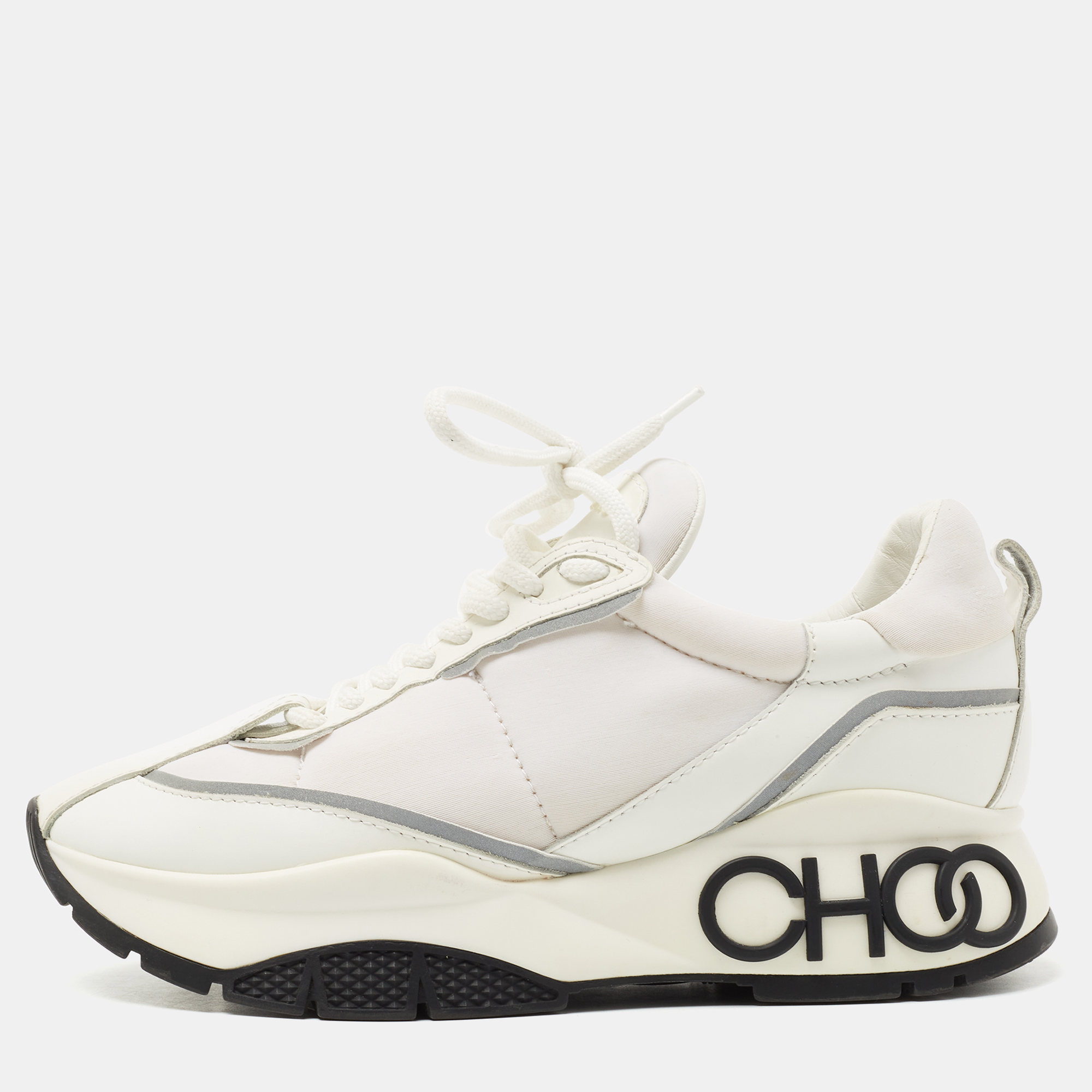 Jimmy Choo White Leather and Neoprene Raine Sneakers Size 37