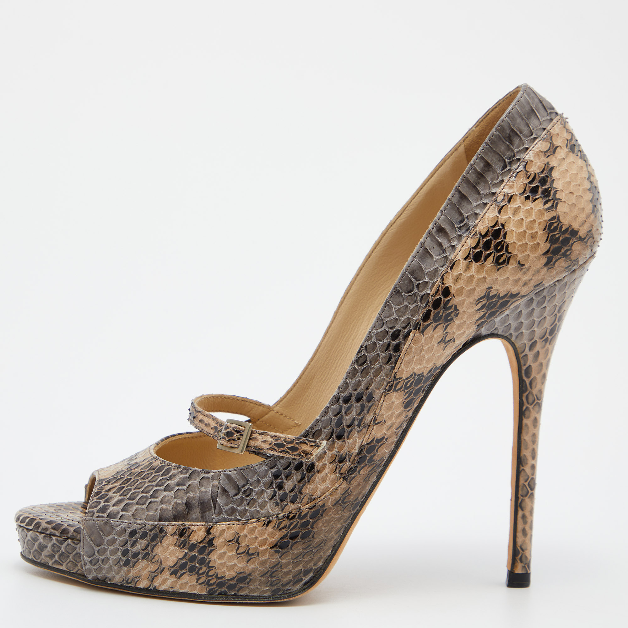 

Jimmy Choo Beige Watersnake Leather Peep Toe Pumps Size