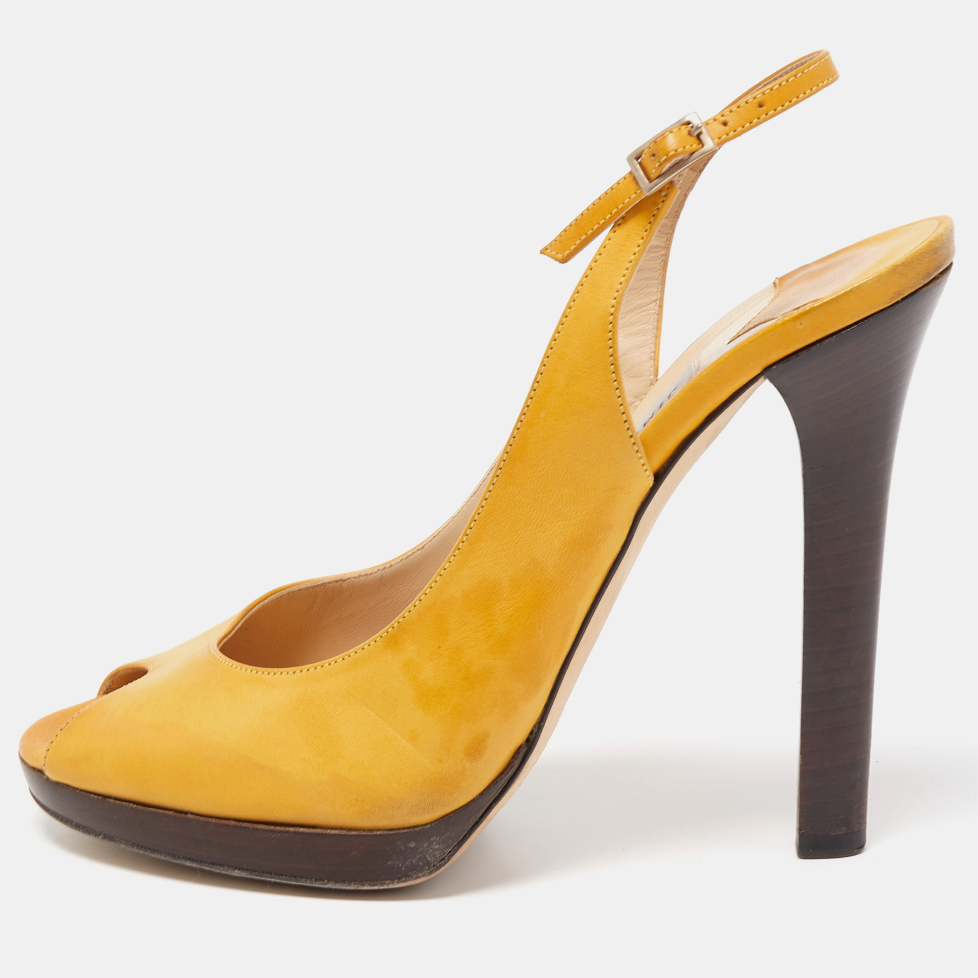 Pre-owned Jimmy Choo Yellow Leather Peep Toe Slingback Pumps Size 39.5