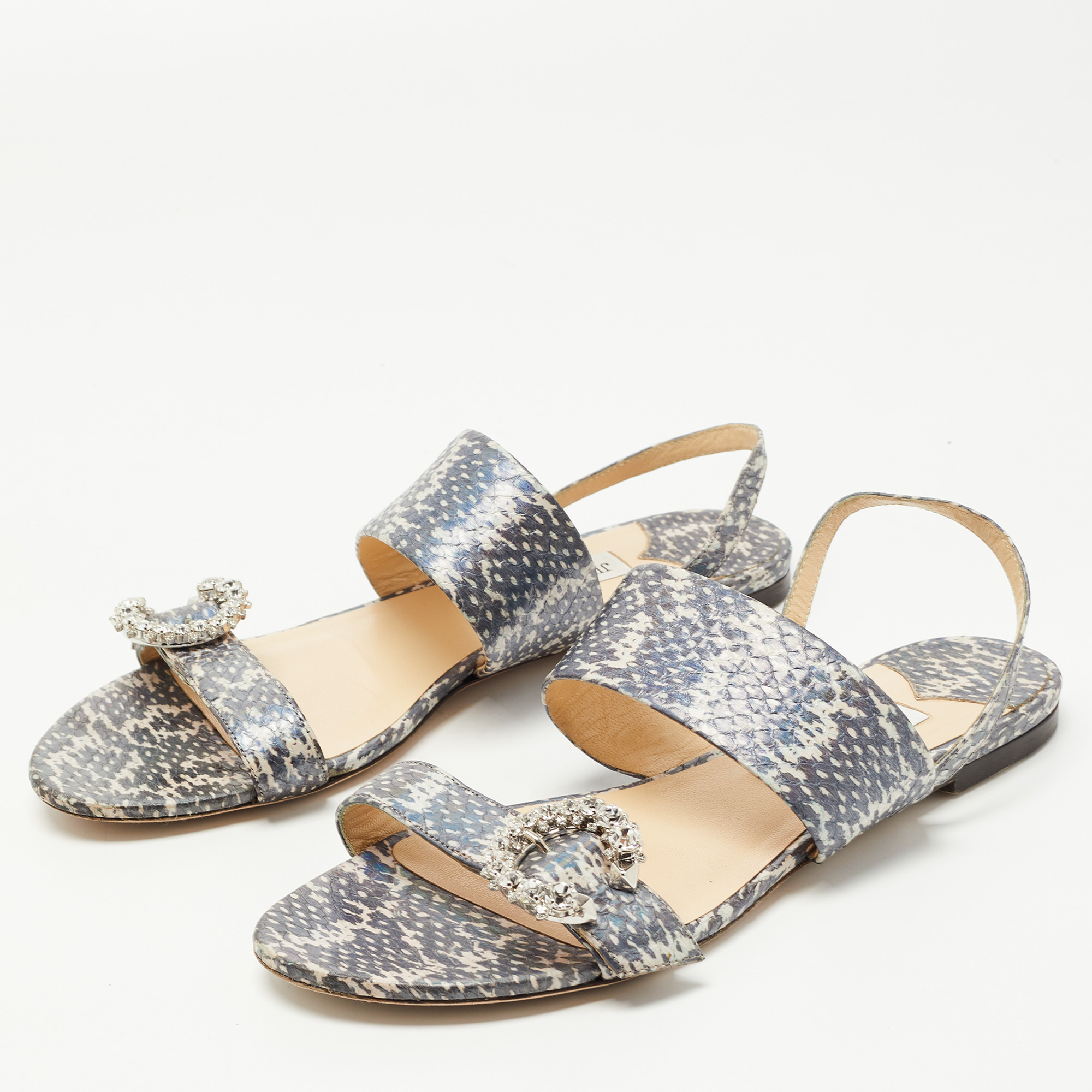 

Jimmy Choo Two Tone Embossed Snakeskin Saphera Flat Sandals Size, Grey