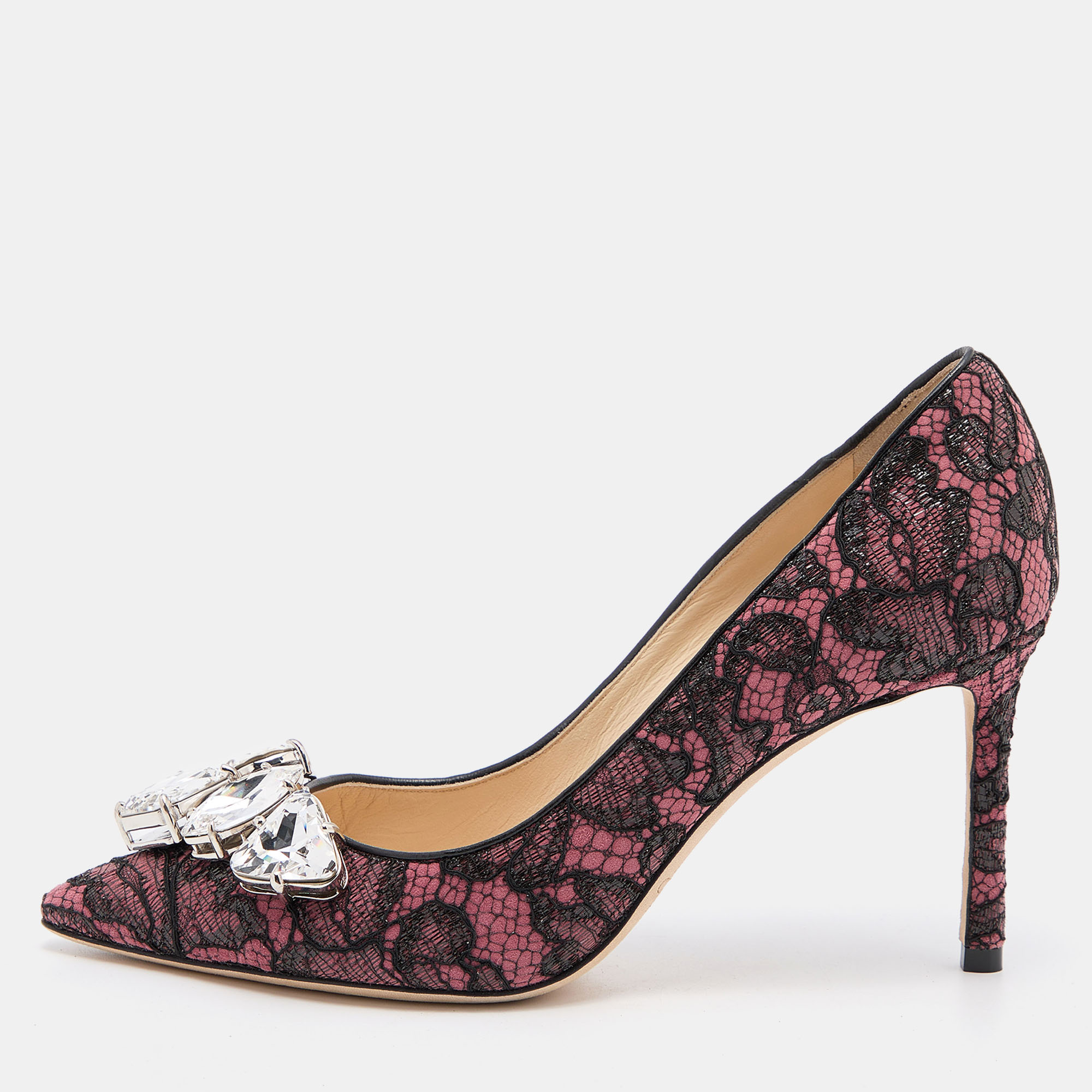 

Jimmy Choo Pink/Black Lace and Suede Marvel Embellished Pointed Toe Pumps Size