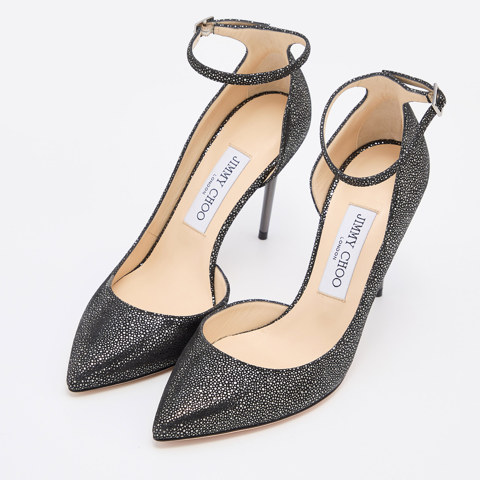 

Jimmy Choo Black/Silver Suede Lucy Ankle Strap Pointed Toe Pumps Size