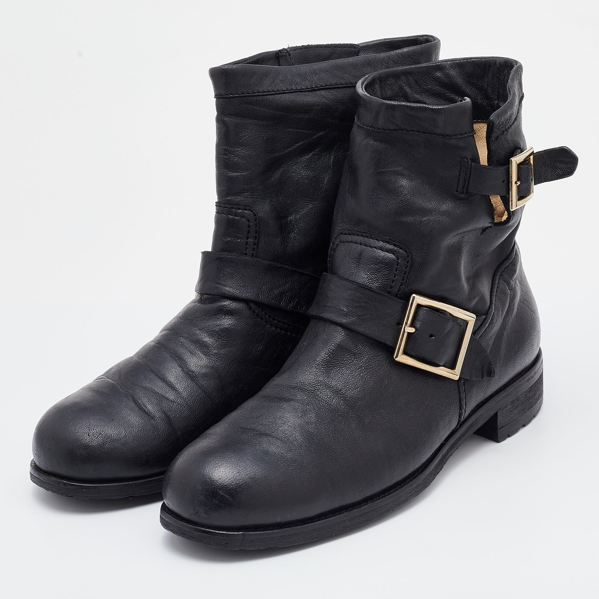 

Jimmy Choo Black Leather Buckle Detail Ankle Boots Size