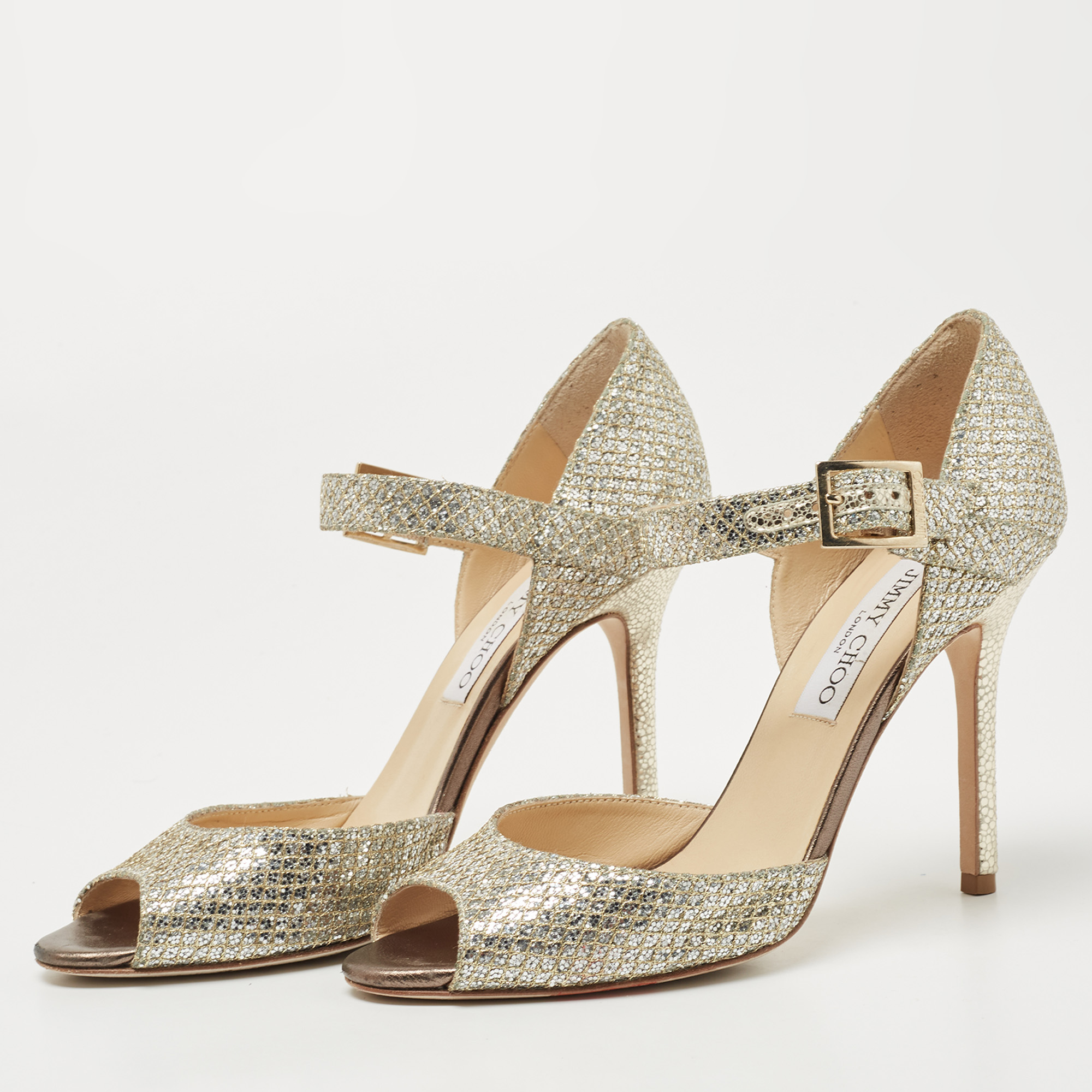 

Jimmy Choo Silver/Gold Coarse Glitter and Leather Ankle Strap Sandals Size