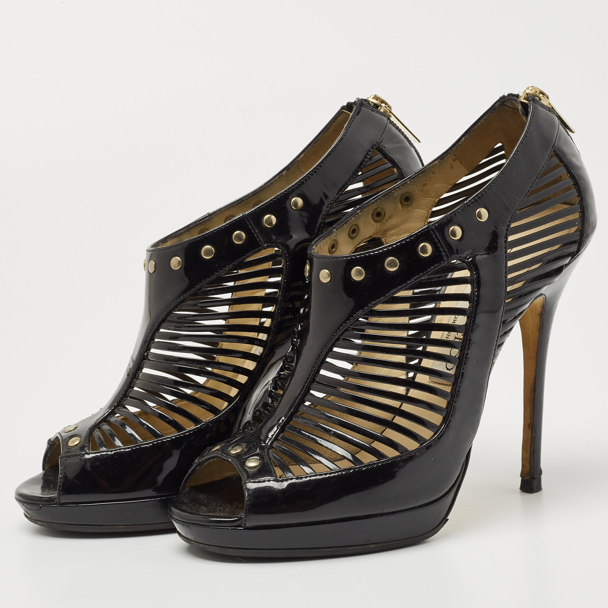 

Jimmy Choo Black Patent Leather Studded Caged Ankle Booties Size