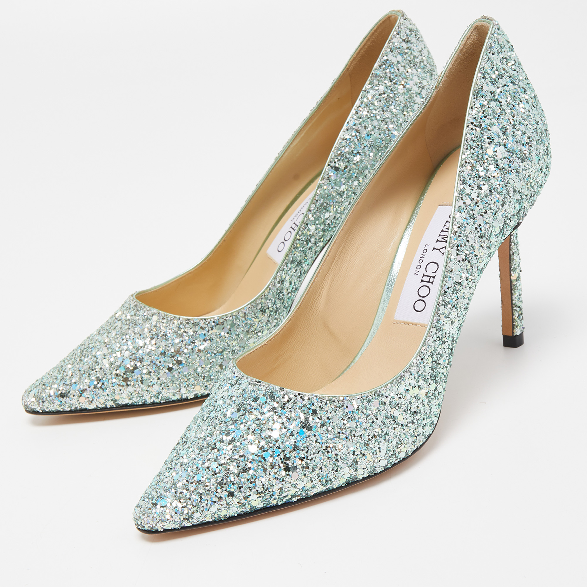 

Jimmy Choo Metallic Mint Glitter Romy Pumps Size