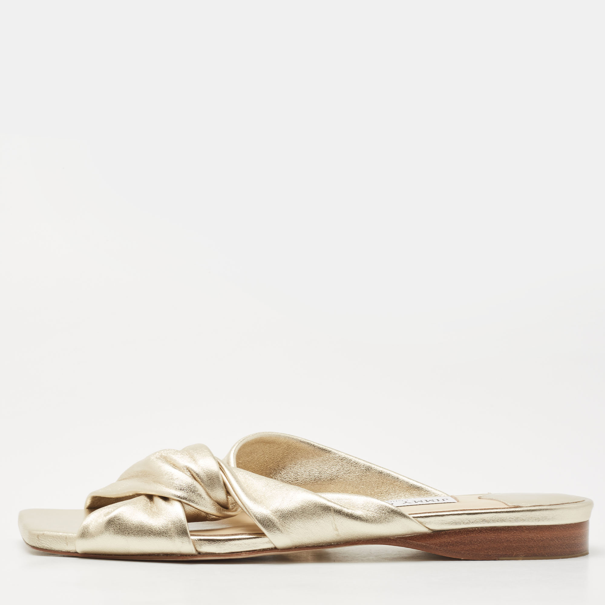 Pre Owned Jimmy Choo Gold Leather Crisscross Slide Flats Size 39.5
