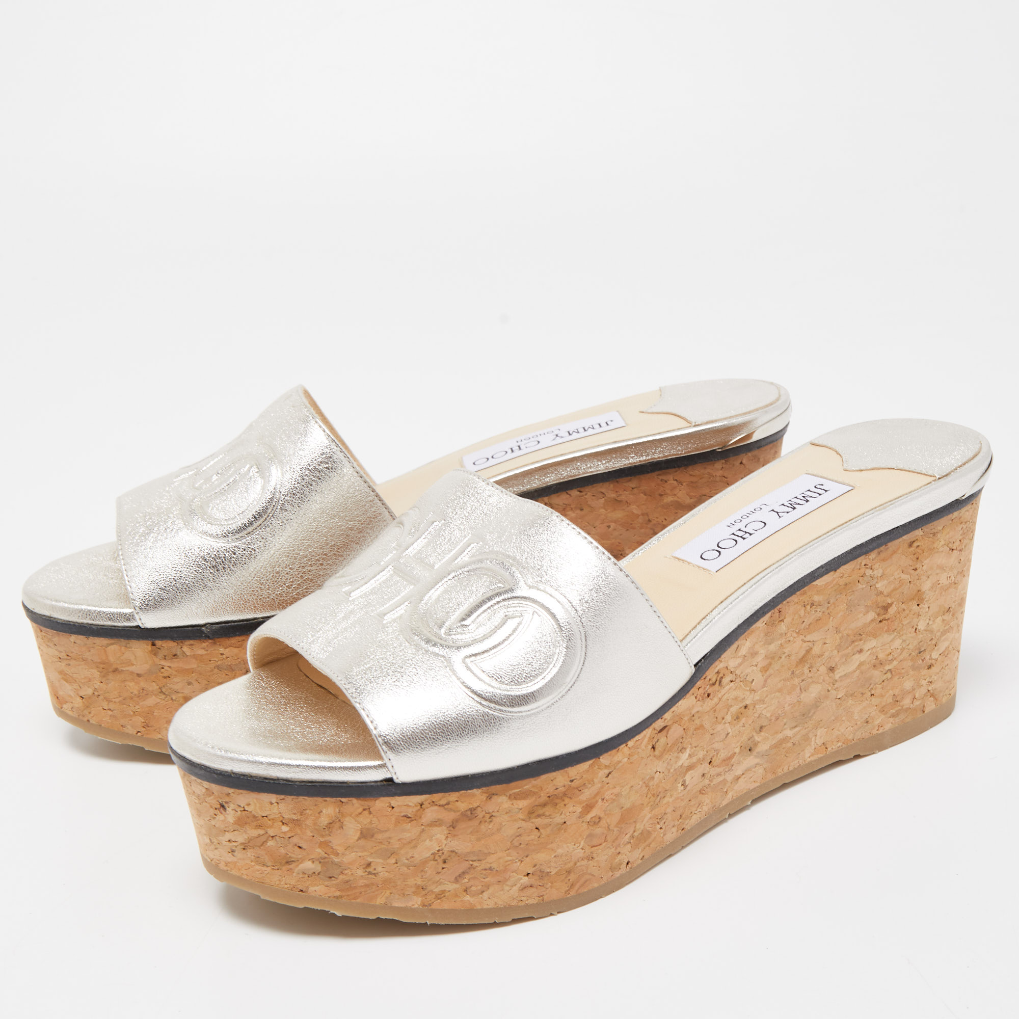 

Jimmy Choo Silver Leather Logo Embossed Deedee Cork Platform Wedge Sandals Size