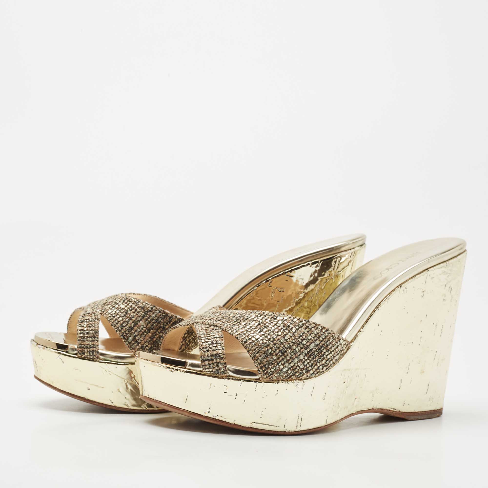 

Jimmy Choo Metallic Tweed Perfume Wedge Sandals Size