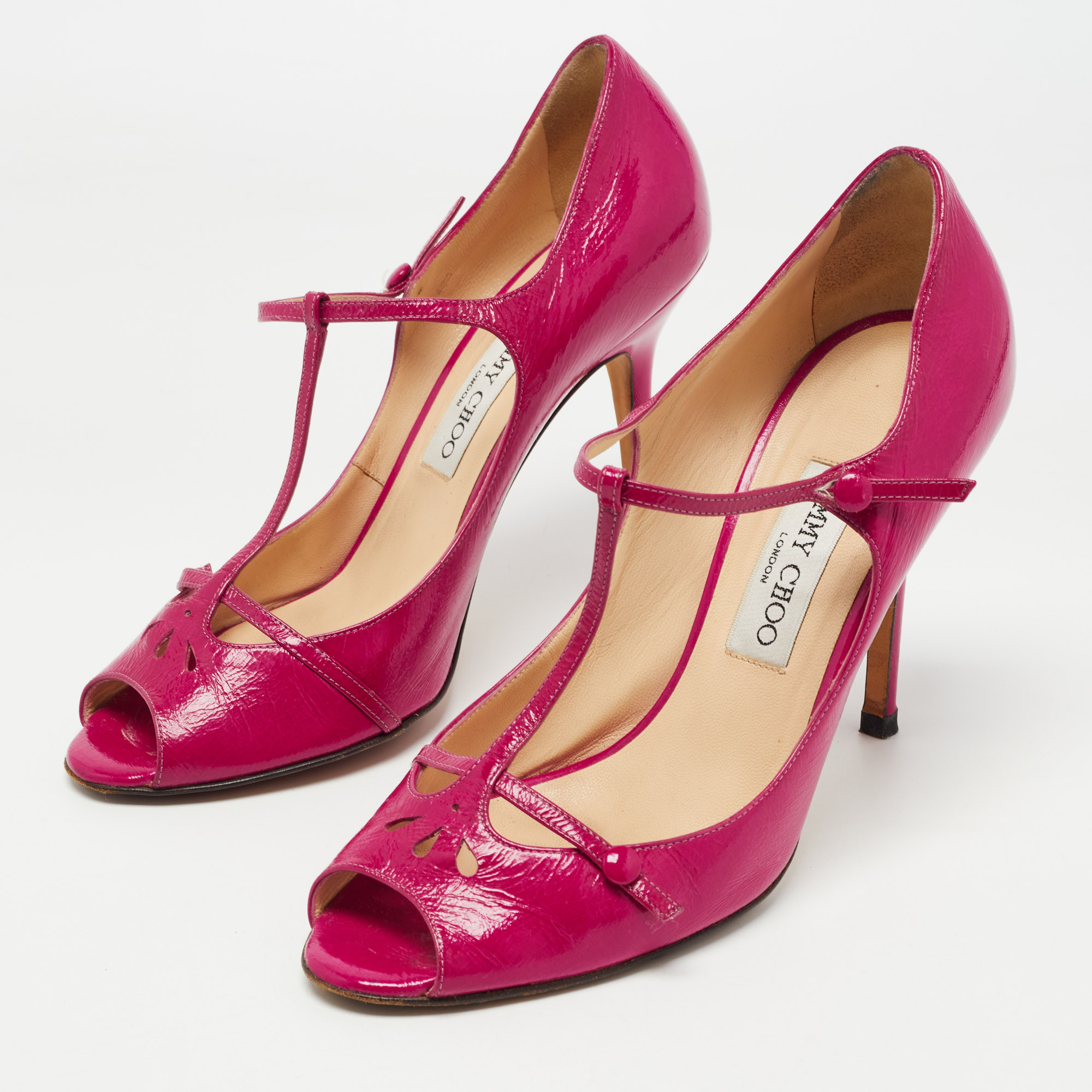 

Jimmy Choo Pink Patent Leather T-Strap Peep Toe Pumps Size