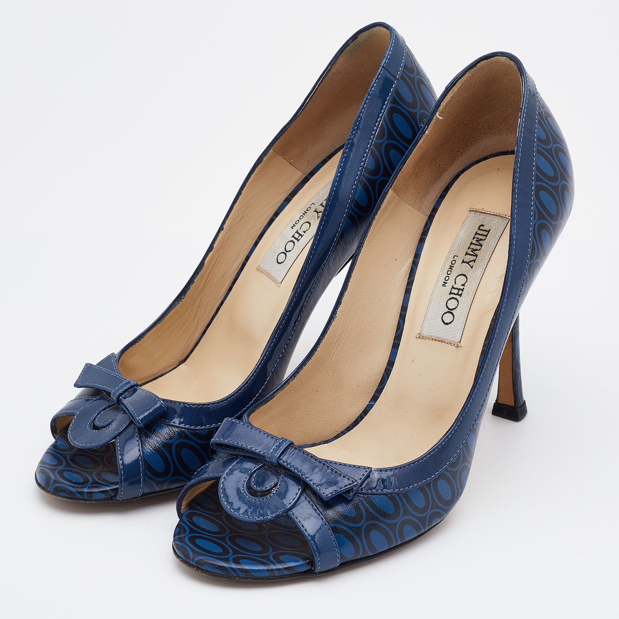 

Jimmy Choo Blue/Black Printed Leather and Patent Peep Toe Pumps Size