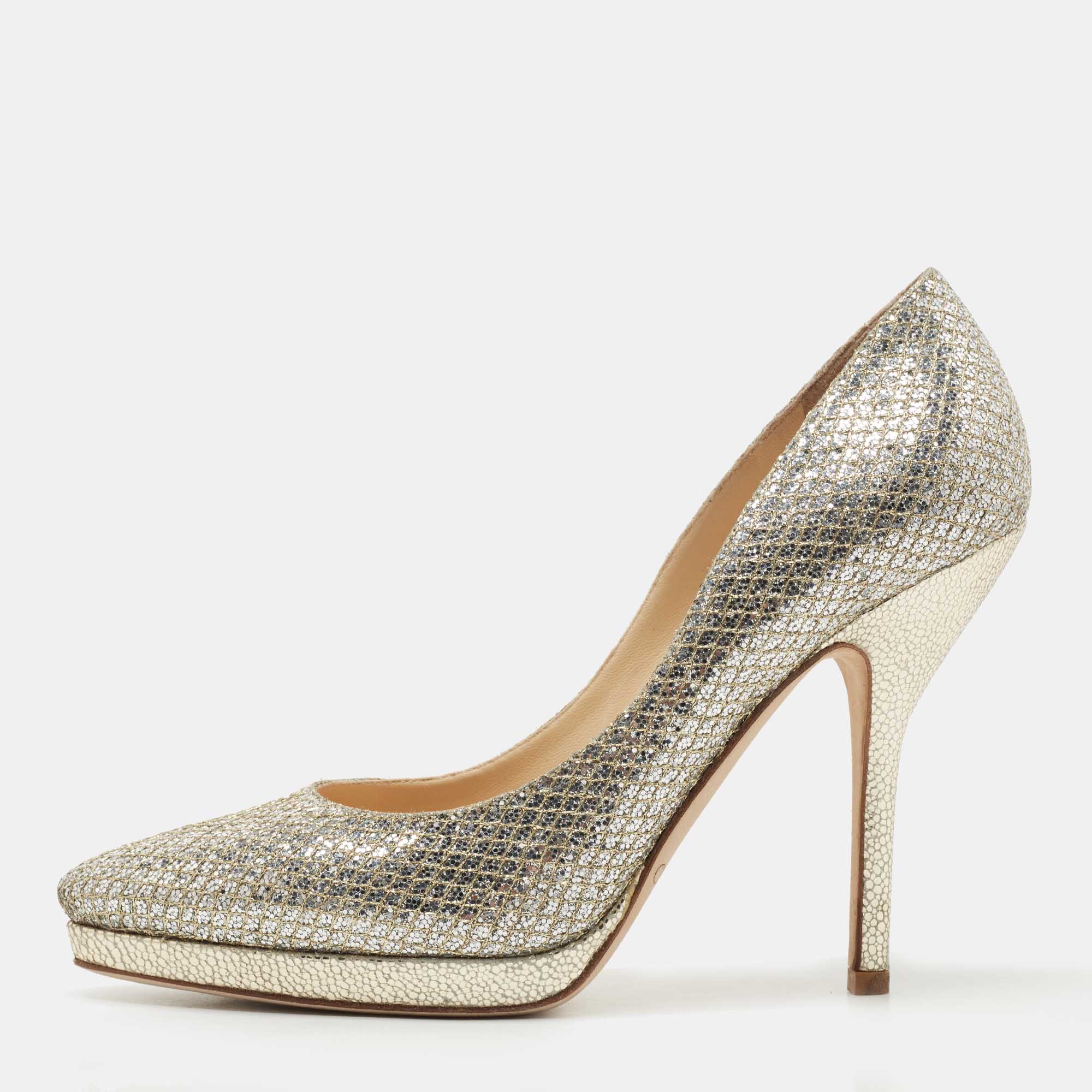

Jimmy Choo Silver Glitter and Leather Platform Pumps Size