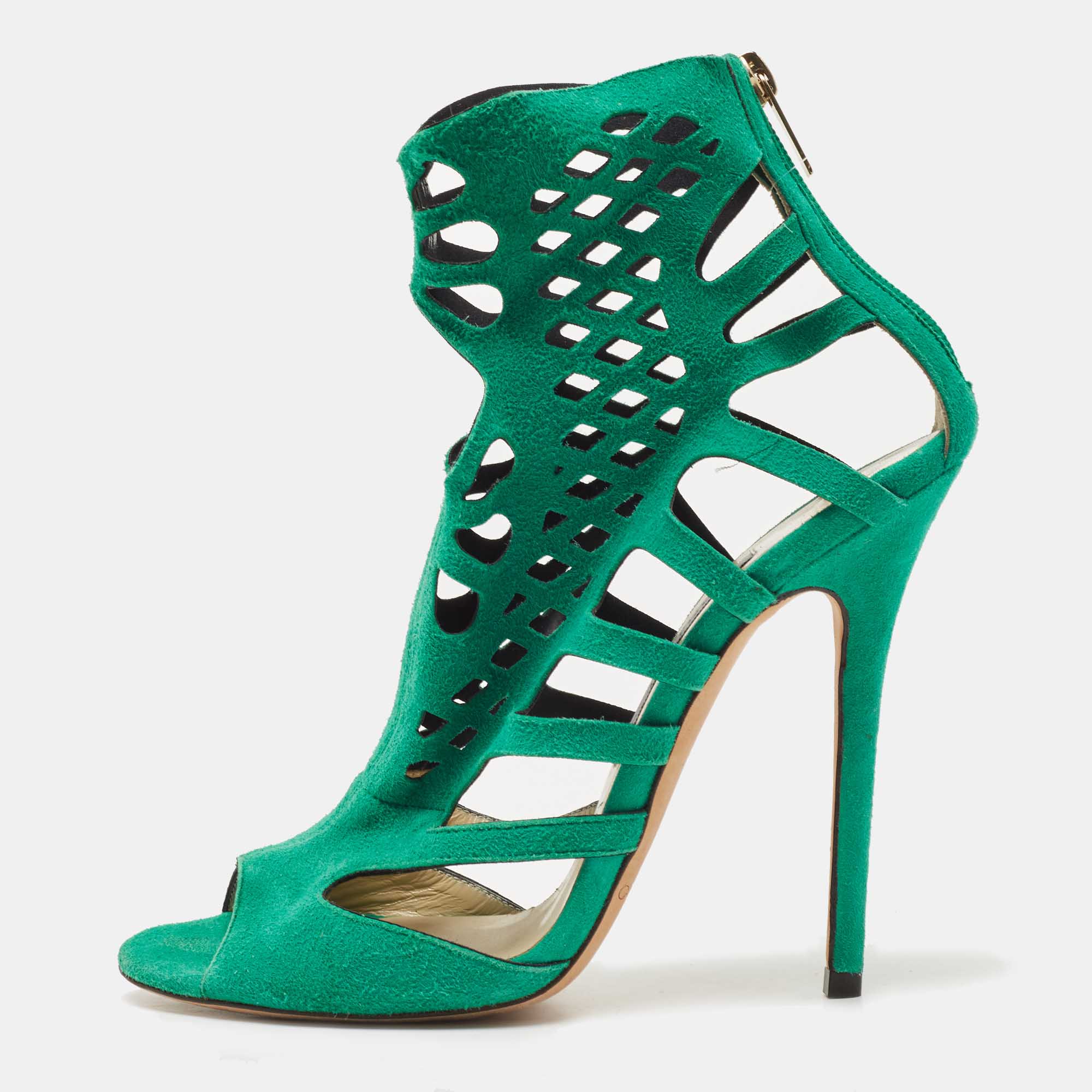 Pre-owned Jimmy Choo Green Suede Cut Out Sandals Size 38.5