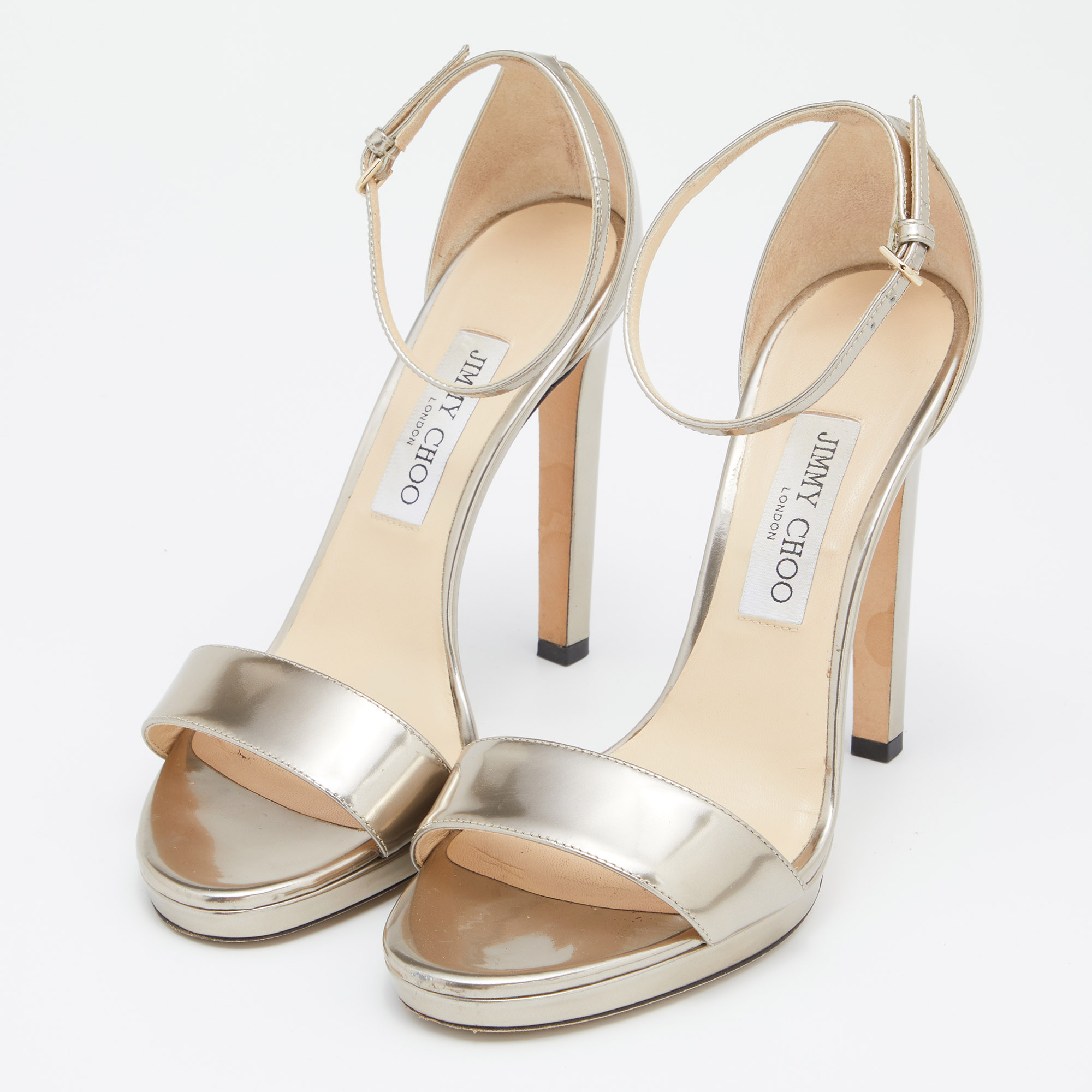 

Jimmy Choo Gold Patent Leather Ankle Strap Open Toe Sandals Size