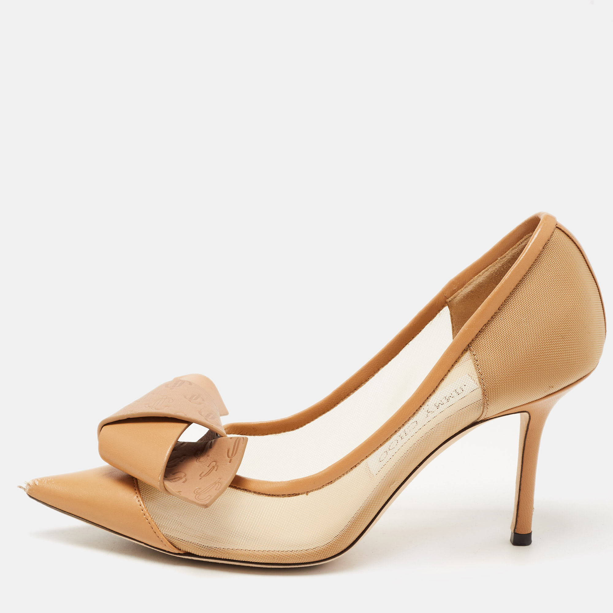 

Jimmy Choo Beige Mesh and Leather JC Logo Bow Lani Pumps Size