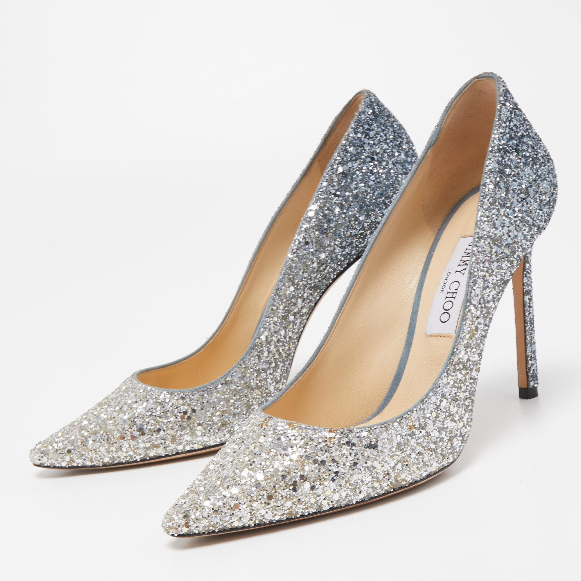 

Jimmy Choo Silver Glitter Romy Pointed Toe Pumps Size