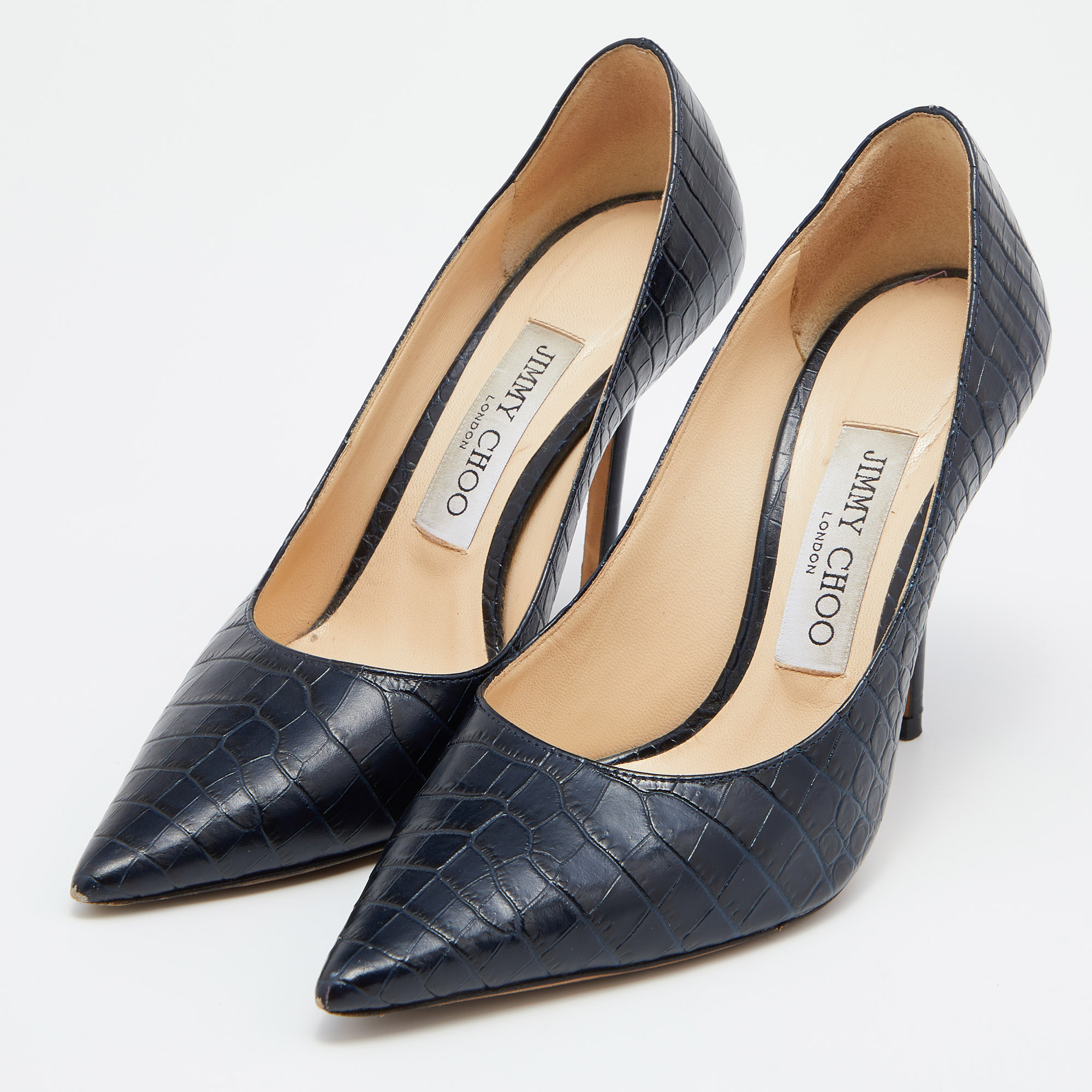 

Jimmy Choo Blue Croc Embossed Leather Pointed-Toe Pumps Size