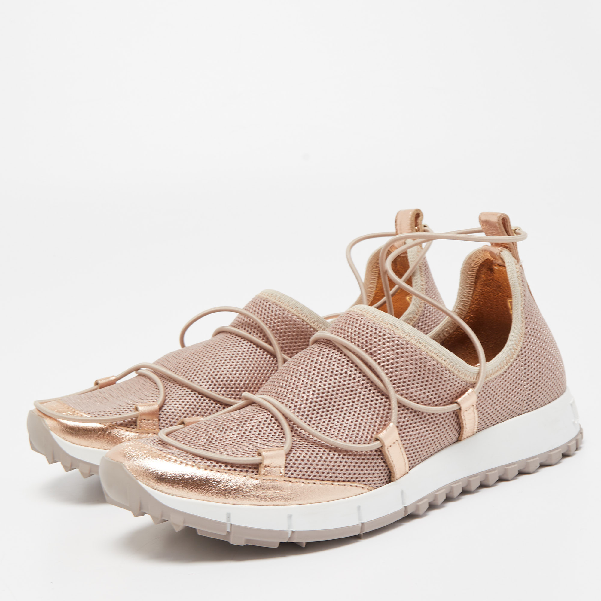 

Jimmy Choo Metallic Pink Leather and Mesh Low Top Sneakers Size