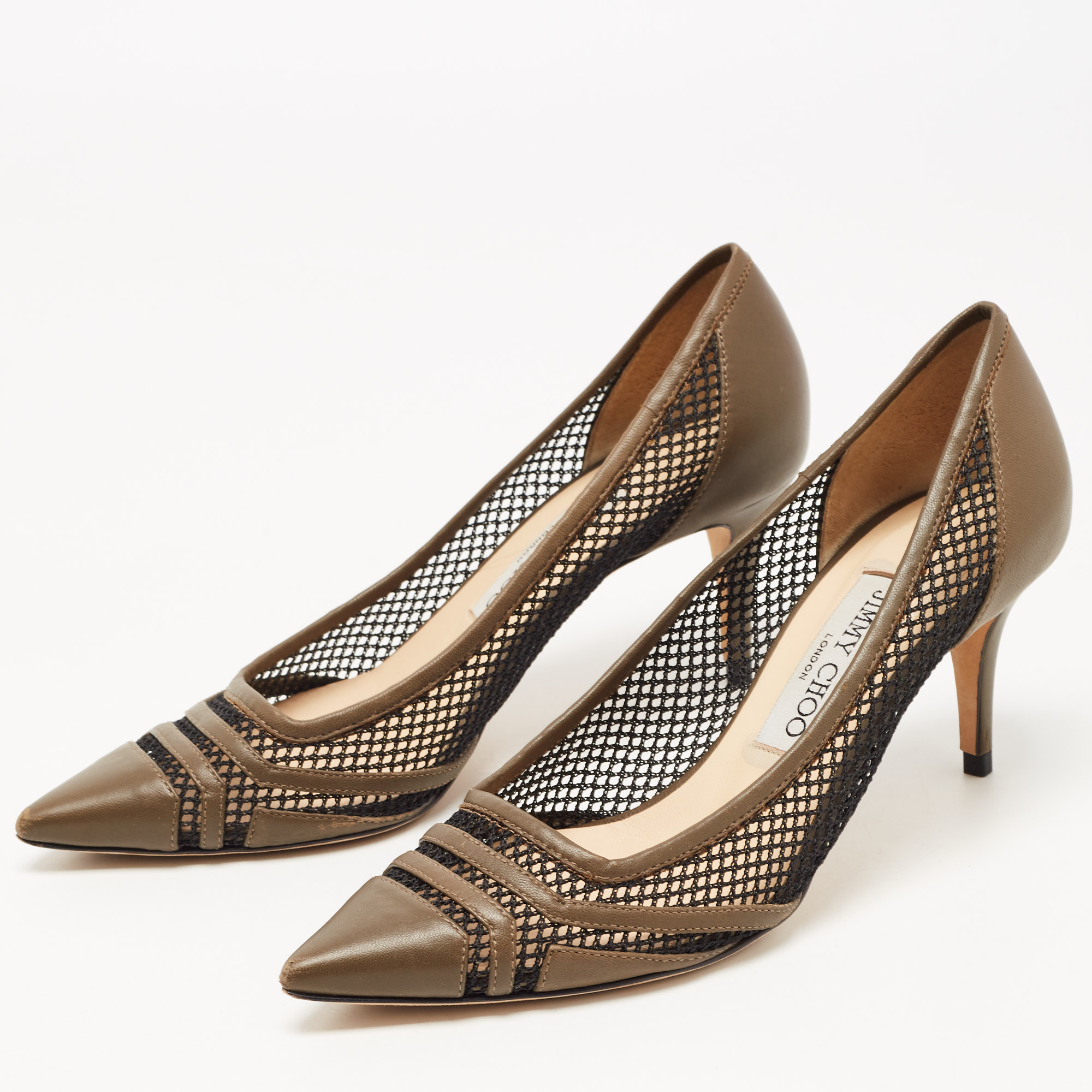 

Jimmy Choo Olive Green Leather and Mesh Pointed Toe Pumps Size