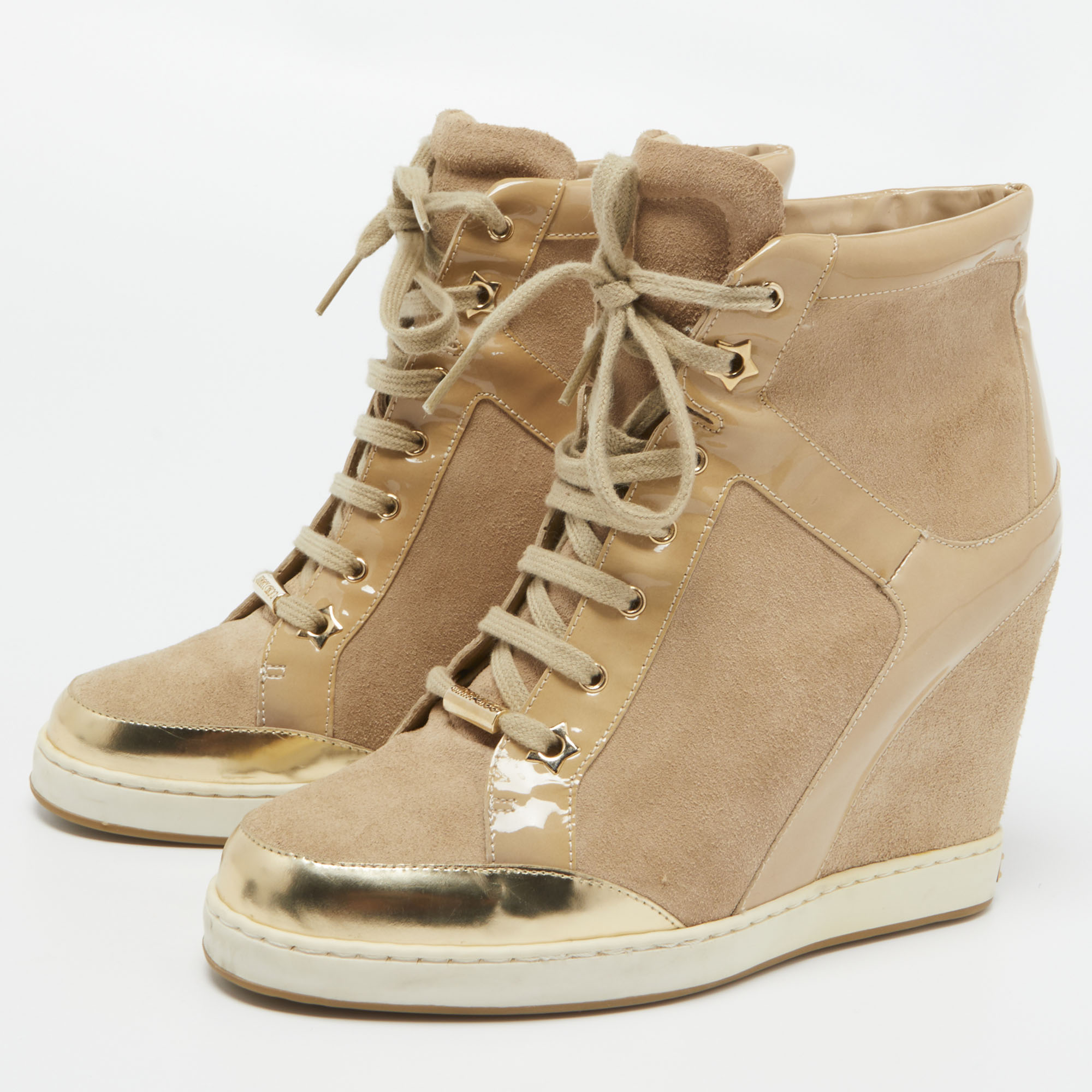 

Jimmy Choo Beige Suede and Leather Panama Wedge Sneakers Size