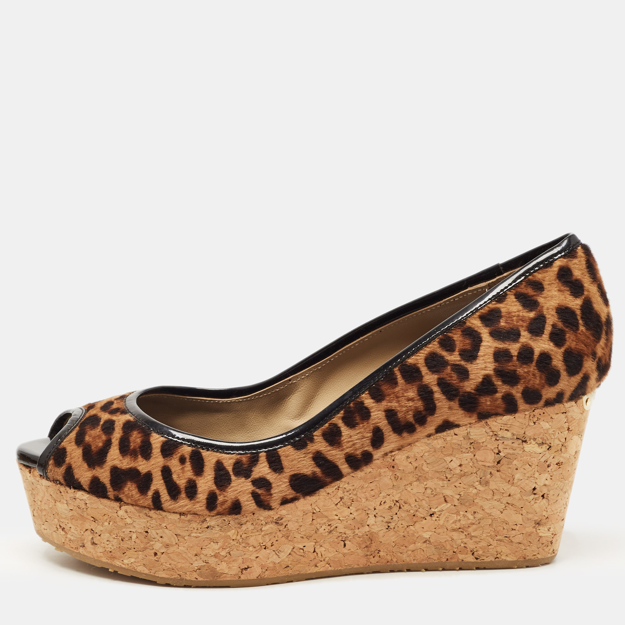 Pre-owned Jimmy Choo Leopard Print Calf Hair And Patent Trim Papina Cork Wedge Pumps Size 38 In Brown