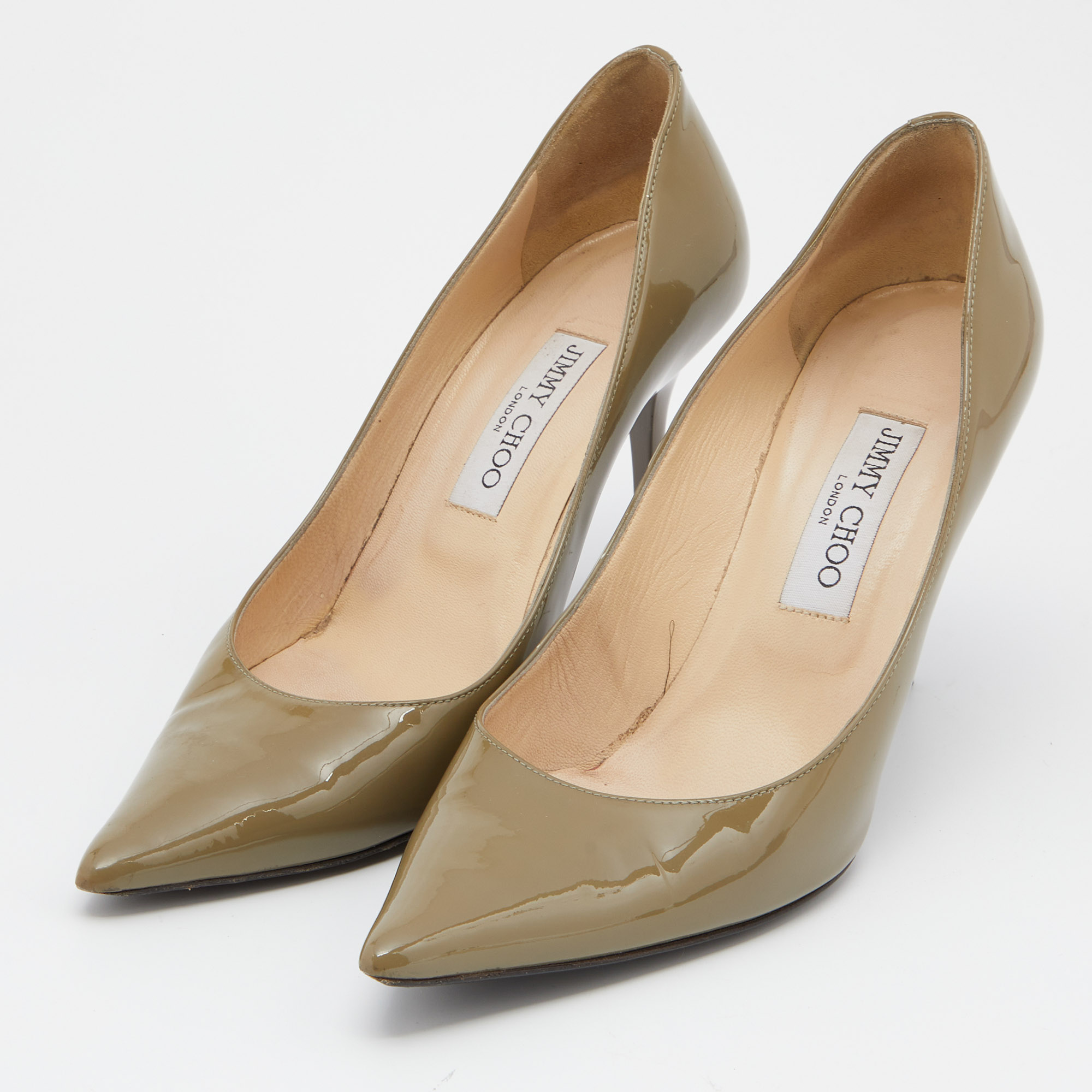 

Jimmy Choo Olive Green Patent Leather Love Pumps Size