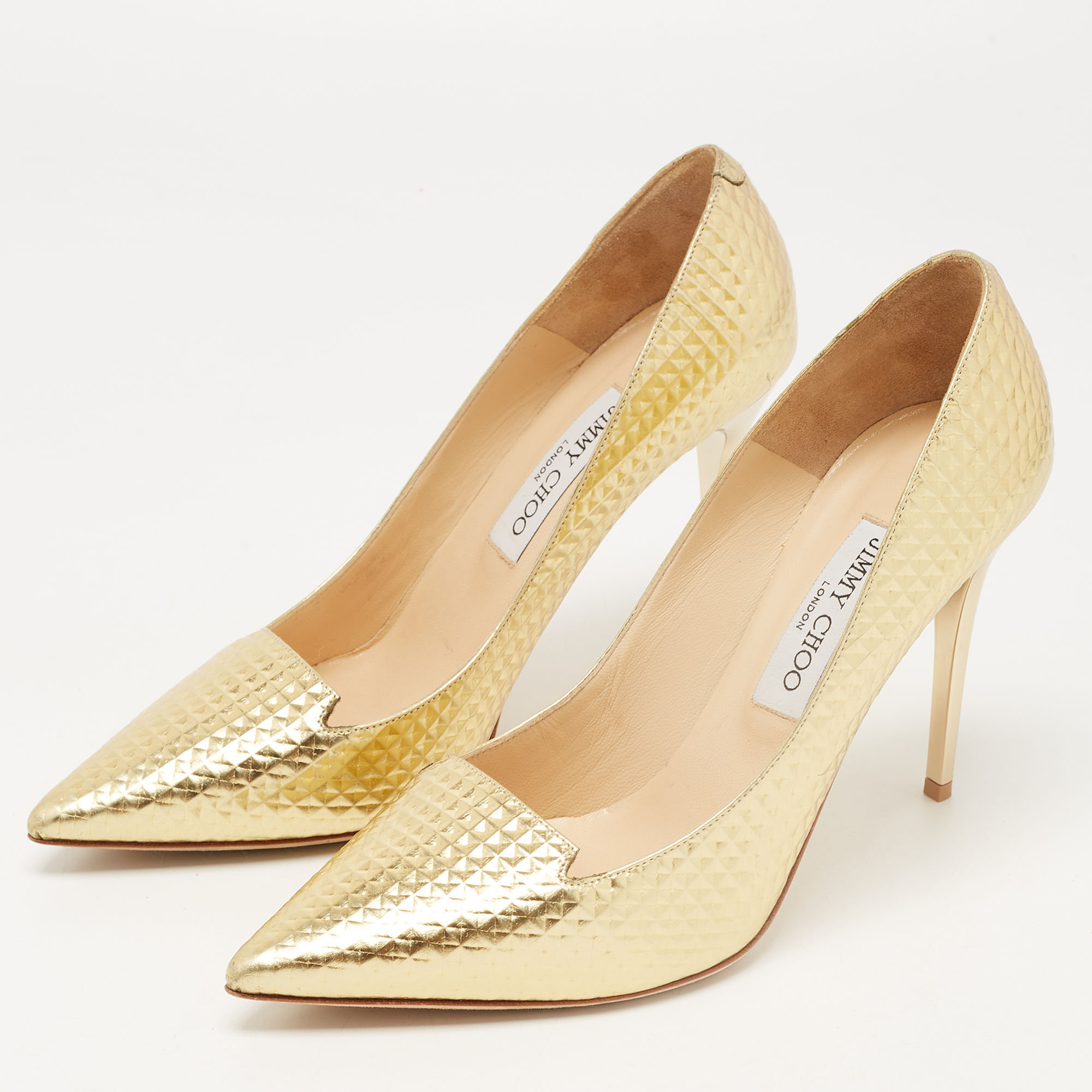 

Jimmy Choo Gold Patent Leather Pointed Toe Pumps Size
