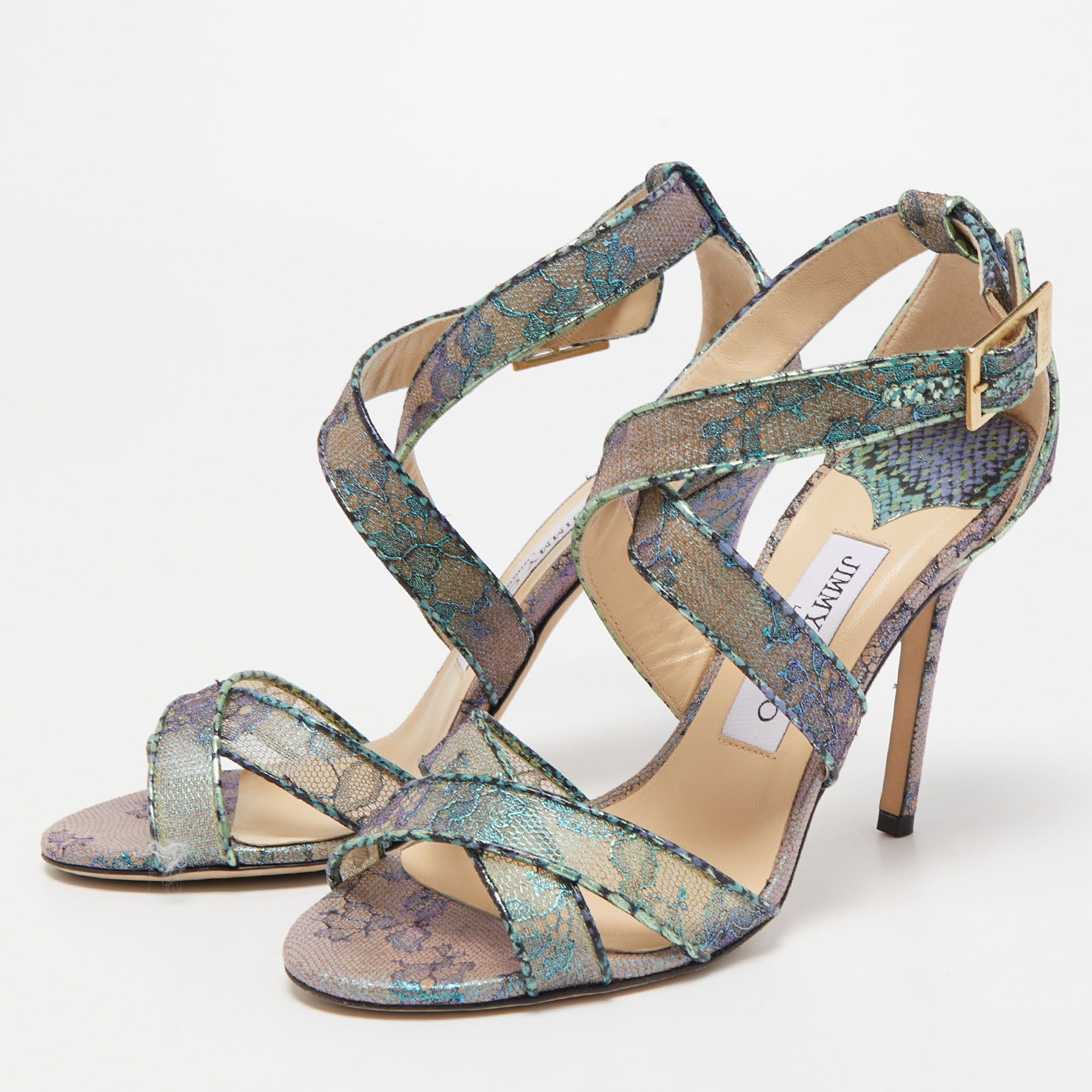 

Jimmy Choo Multicolor Lace Python Embossed Leather Ankle Strap Sandals Size