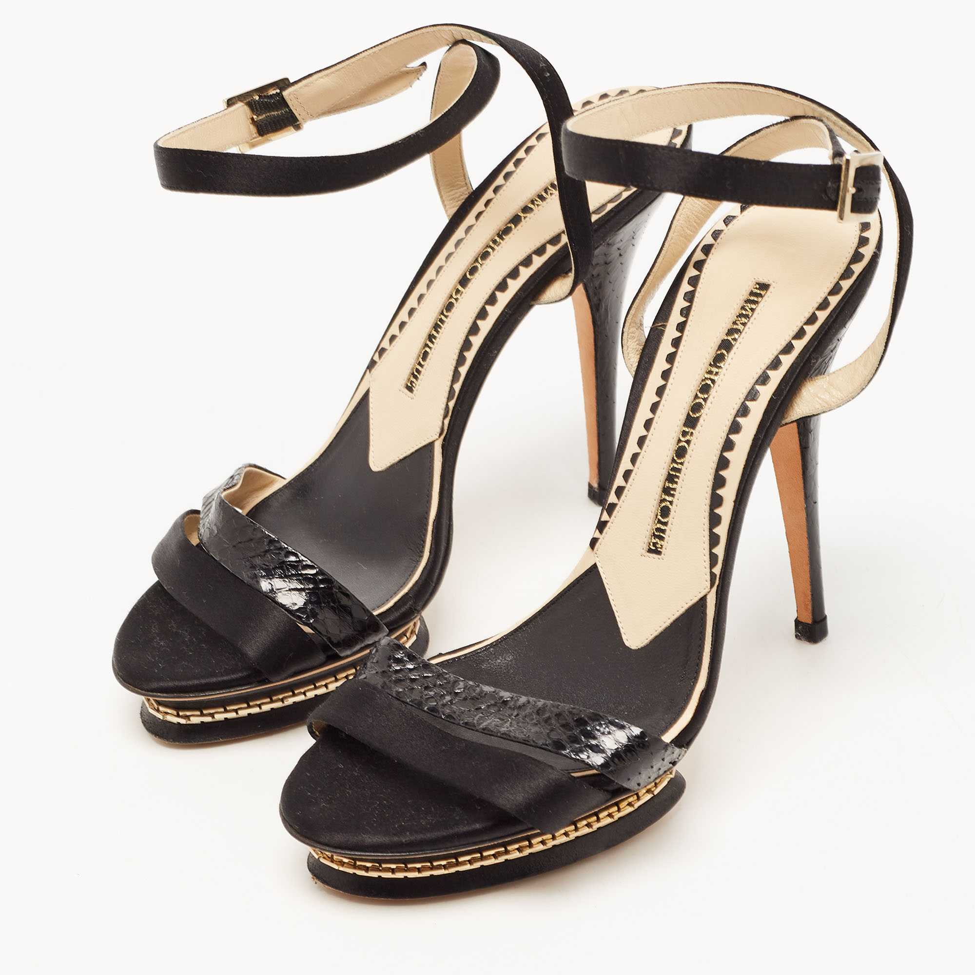 

Jimmy Choo Black Satin and Embossed Snakeskin Ankle Strap Sandals Size