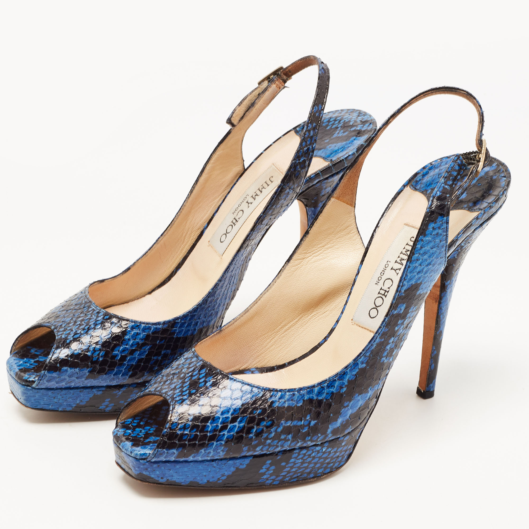 

Jimmy Choo Black/Blue Python Leather Peep Toe Platform Slingback Sandals Size