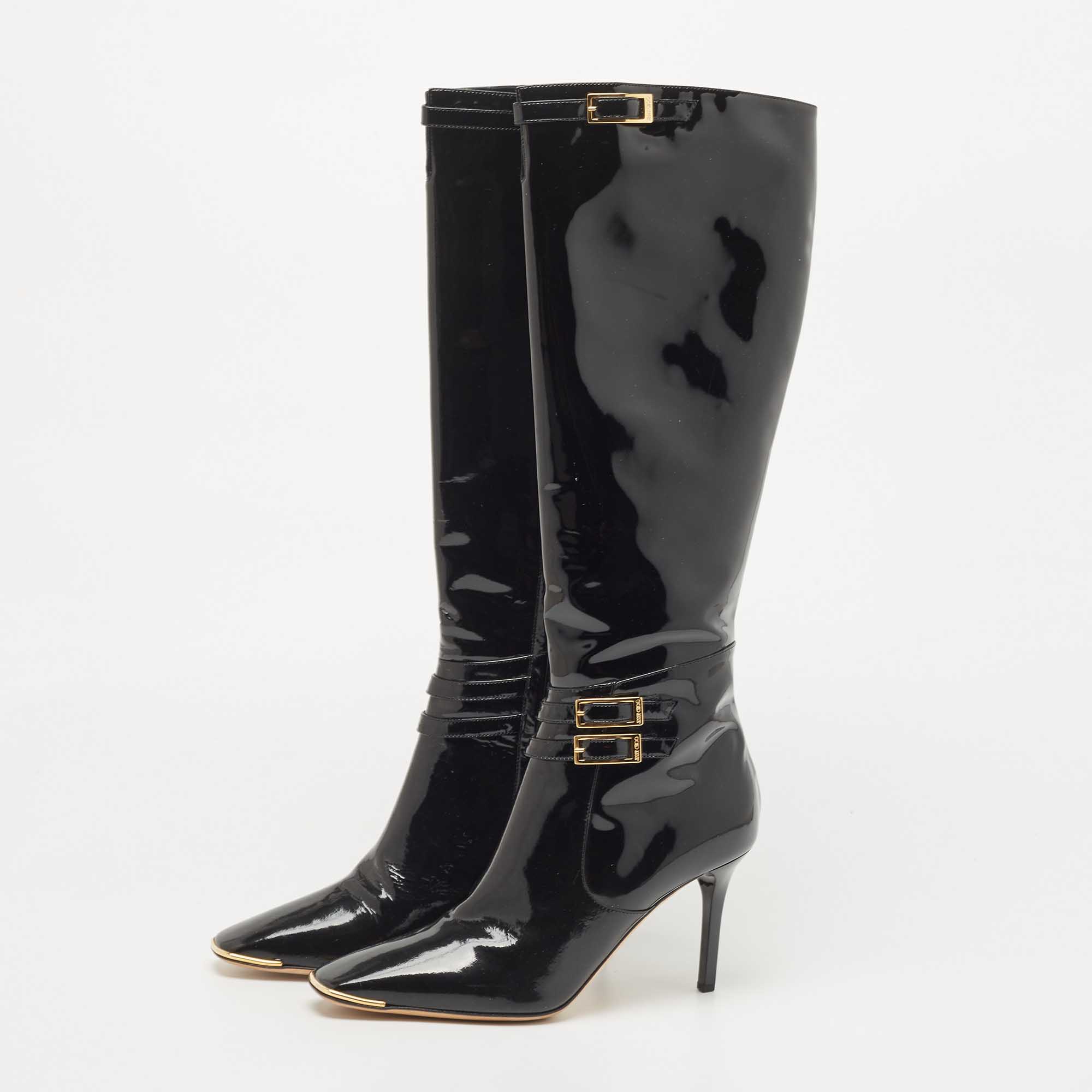 

Jimmy Choo Black Patent Leather Sheila Buckle Detail Knee Length Boots Size