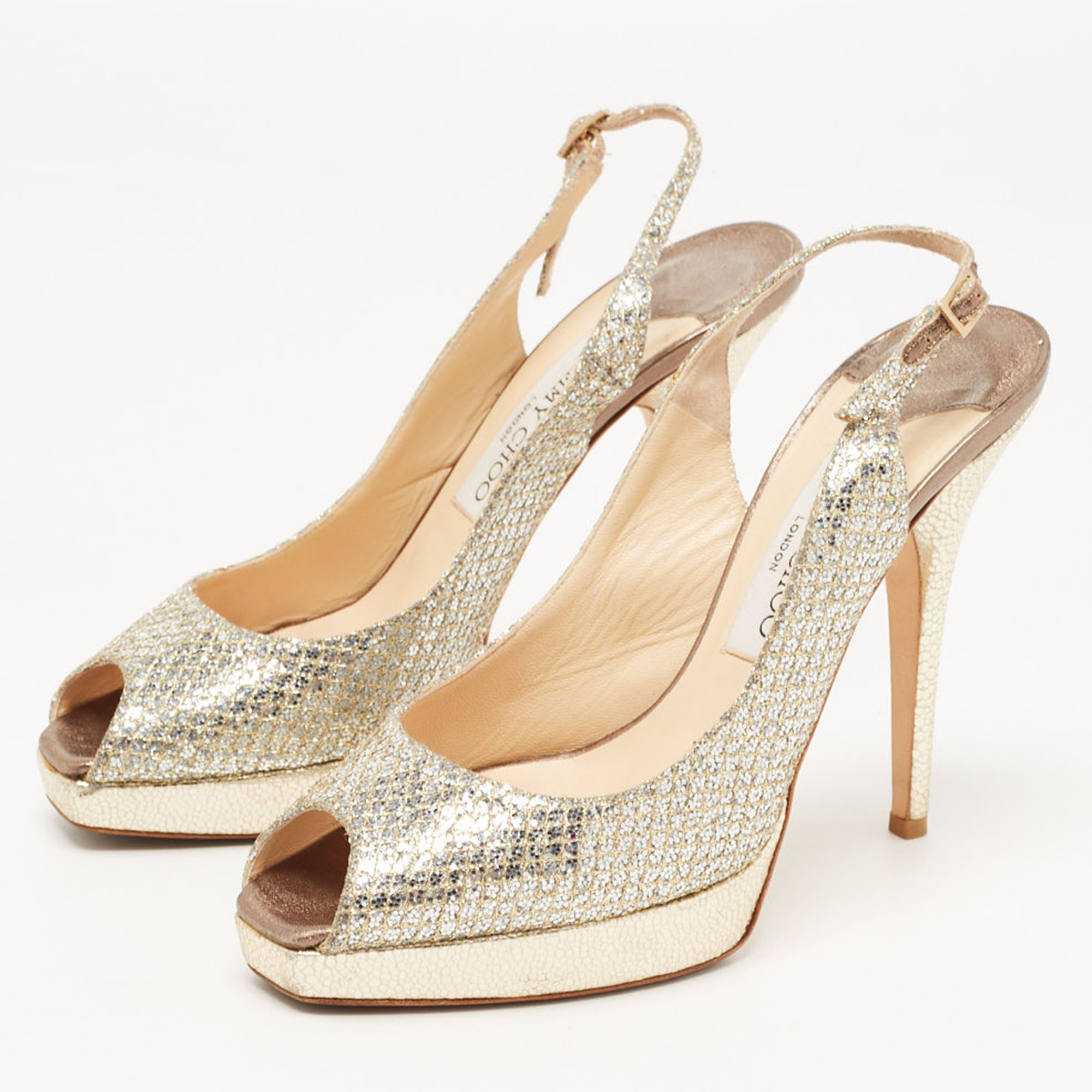 

Jimmy Choo Gold/Silver Glitte Clue Slingback Sandals Size